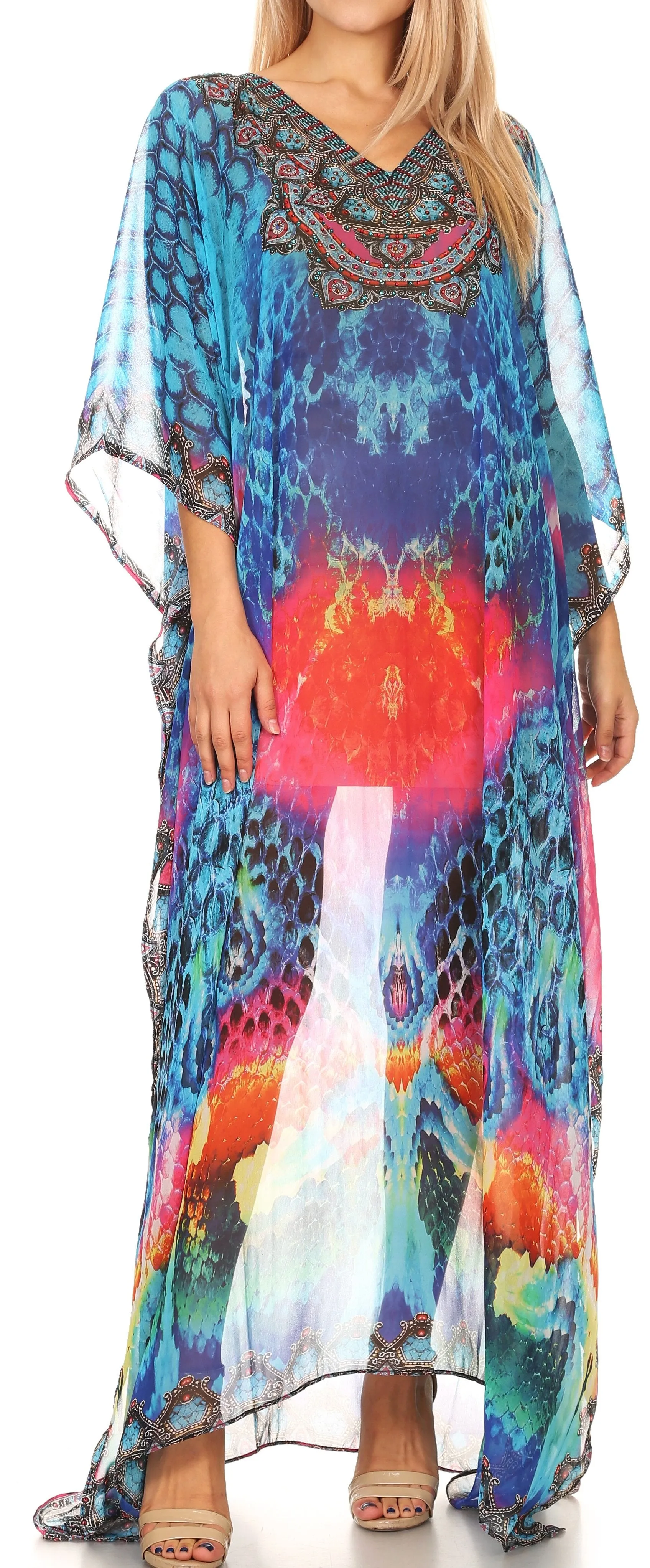 Sakkas Wilder Printed Design Long Sheer Rhinestone Caftan Dress / Cover Up