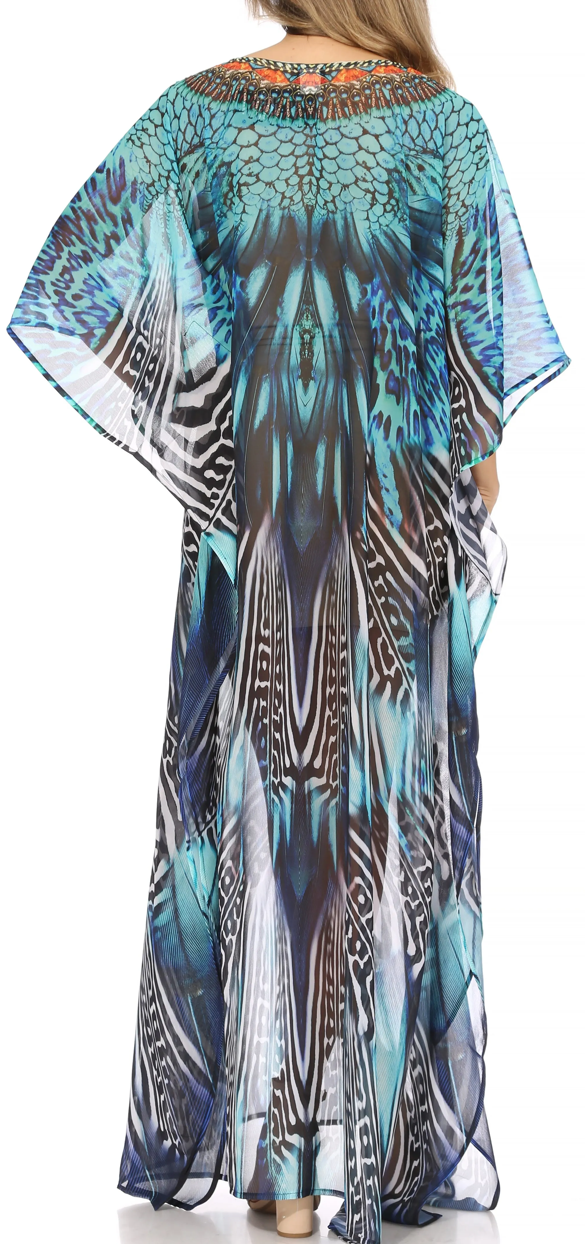 Sakkas Wilder Printed Design Long Sheer Rhinestone Caftan Dress / Cover Up