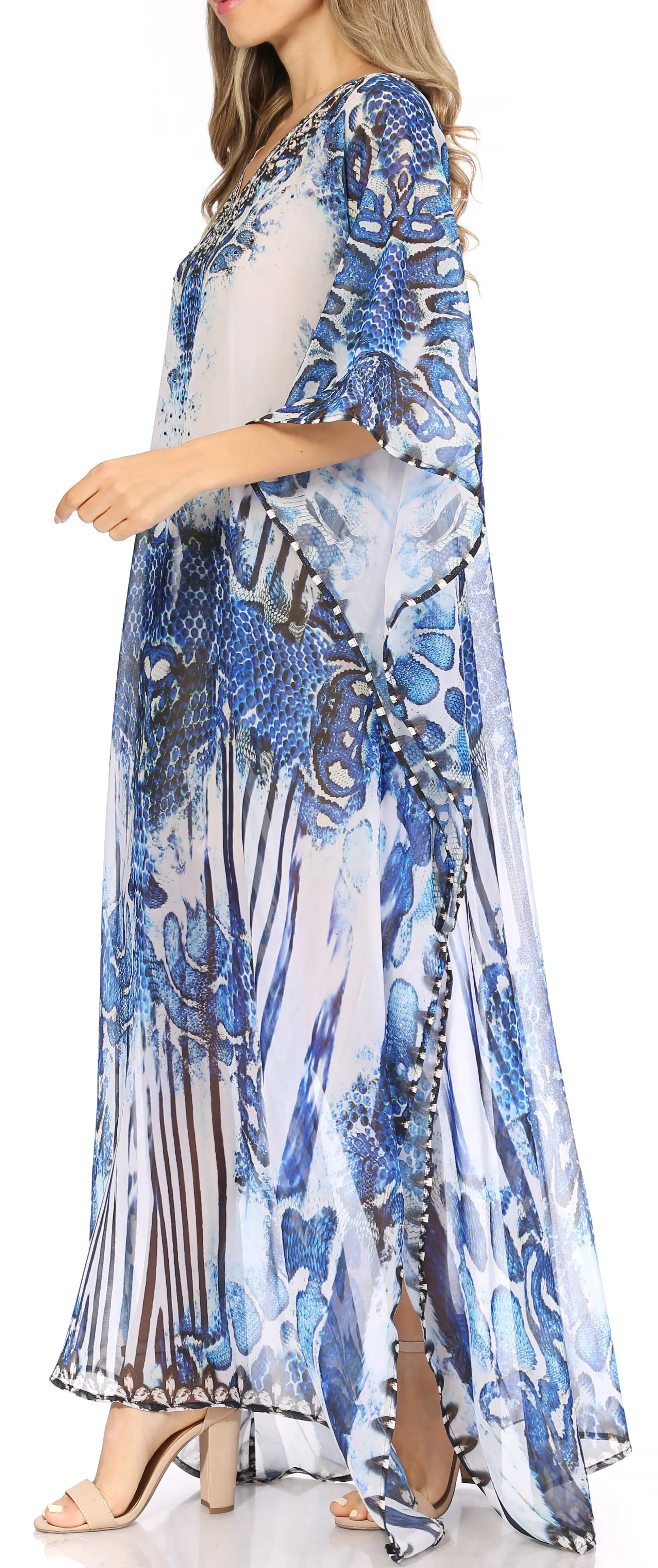 Sakkas Wilder Printed Design Long Sheer Rhinestone Caftan Dress / Cover Up