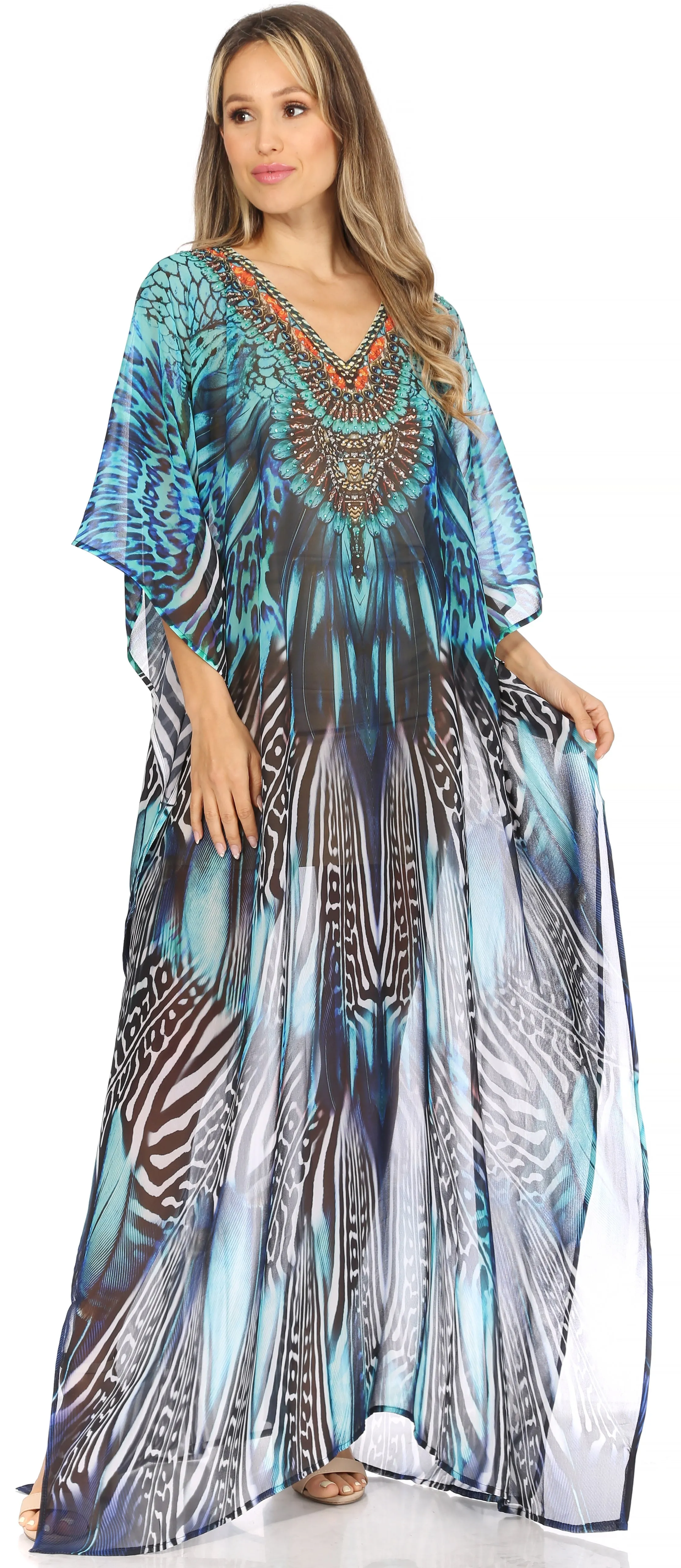 Sakkas Wilder Printed Design Long Sheer Rhinestone Caftan Dress / Cover Up