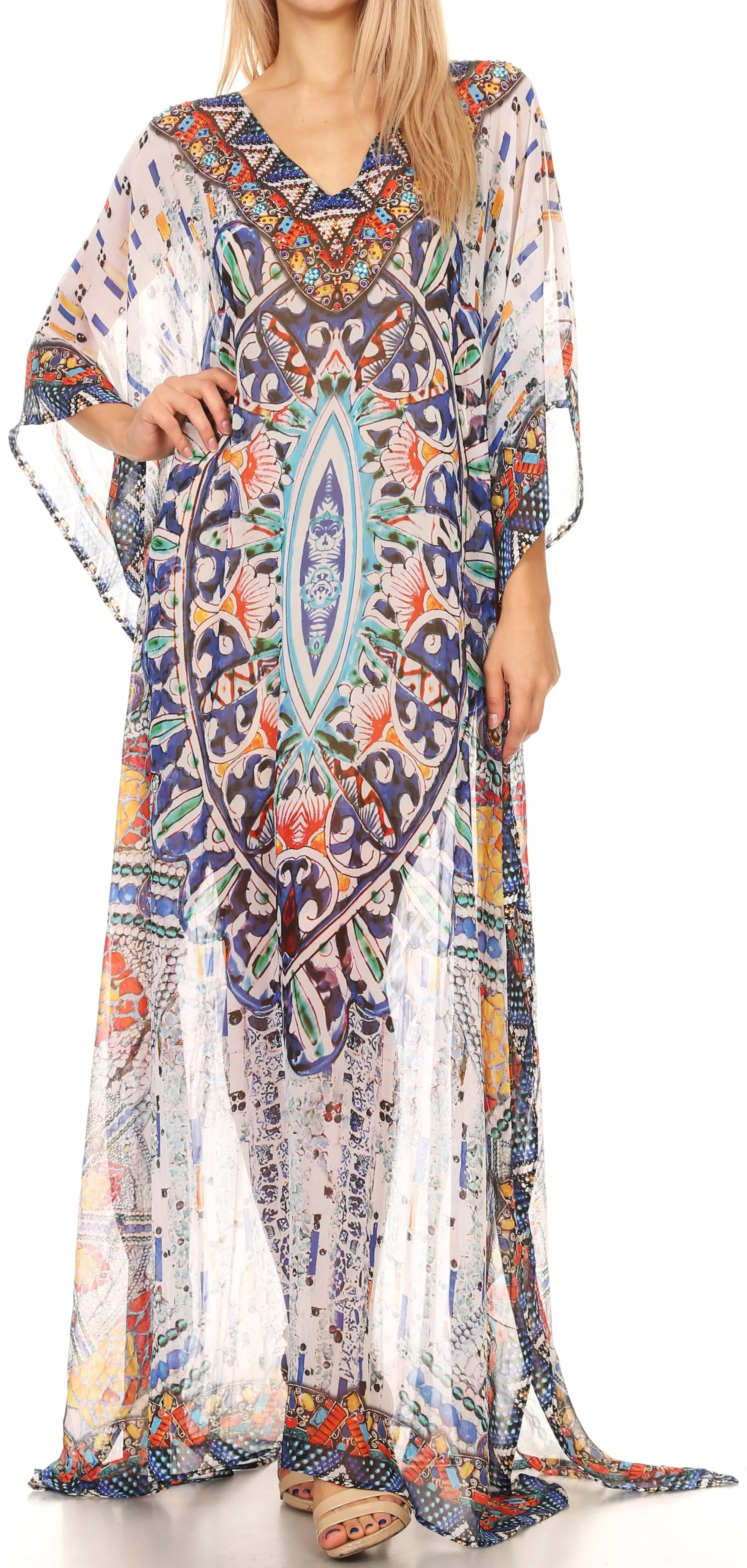 Sakkas Wilder Printed Design Long Sheer Rhinestone Caftan Dress / Cover Up