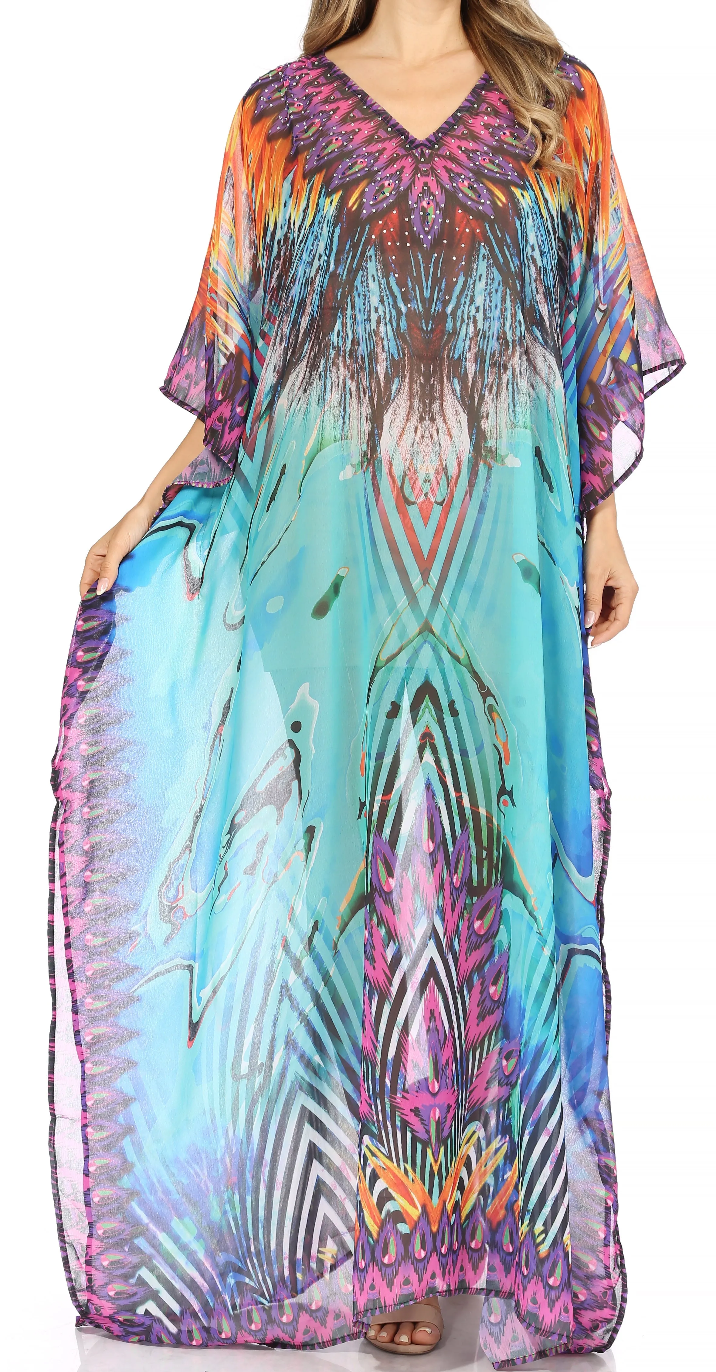 Sakkas Wilder Printed Design Long Sheer Rhinestone Caftan Dress / Cover Up