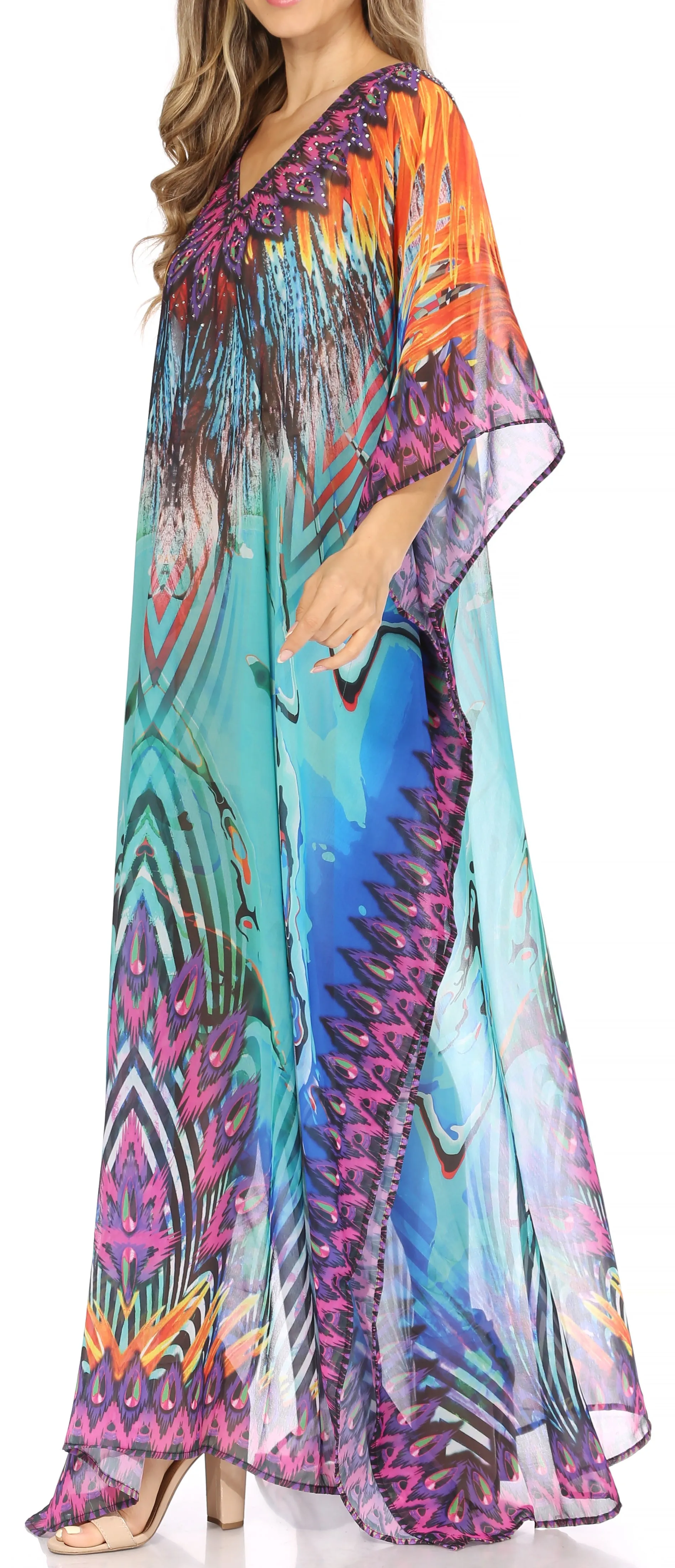 Sakkas Wilder Printed Design Long Sheer Rhinestone Caftan Dress / Cover Up