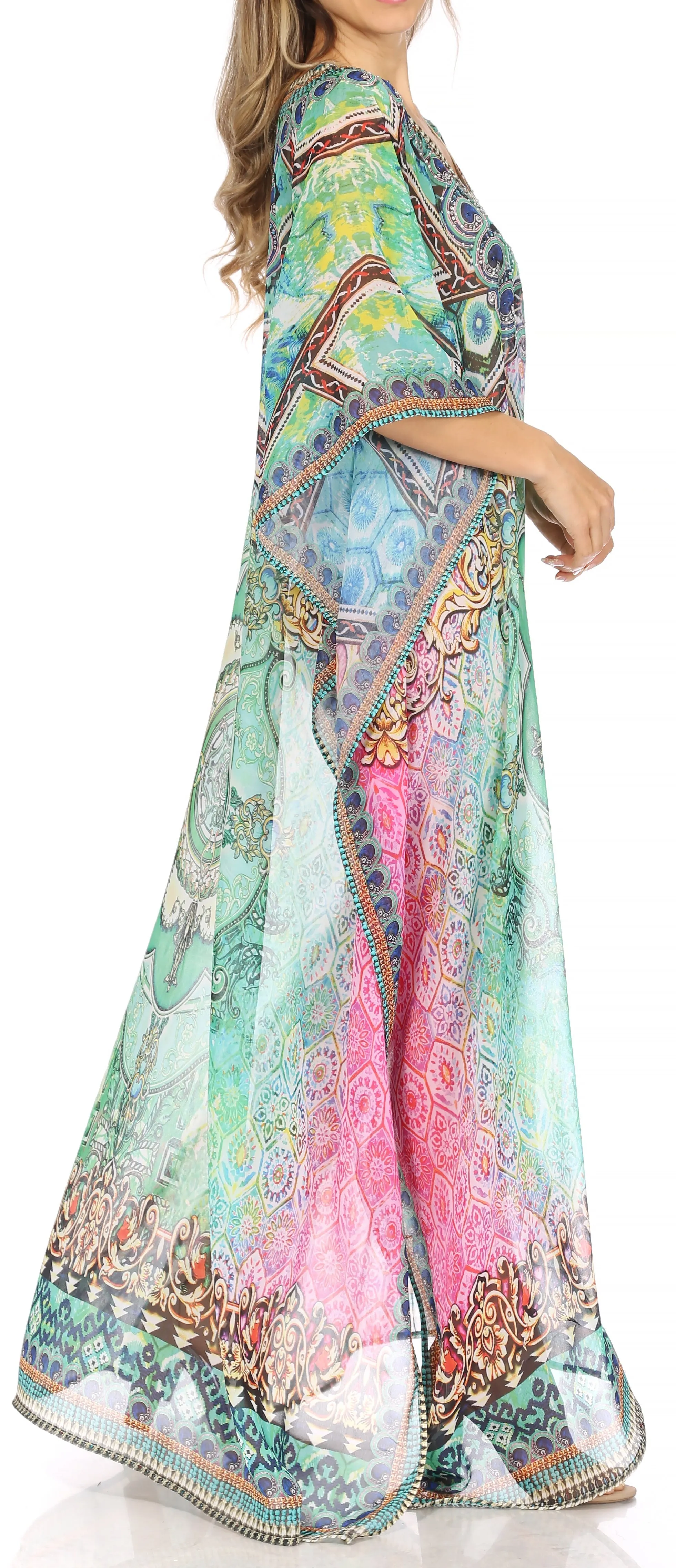 Sakkas Wilder Printed Design Long Sheer Rhinestone Caftan Dress / Cover Up