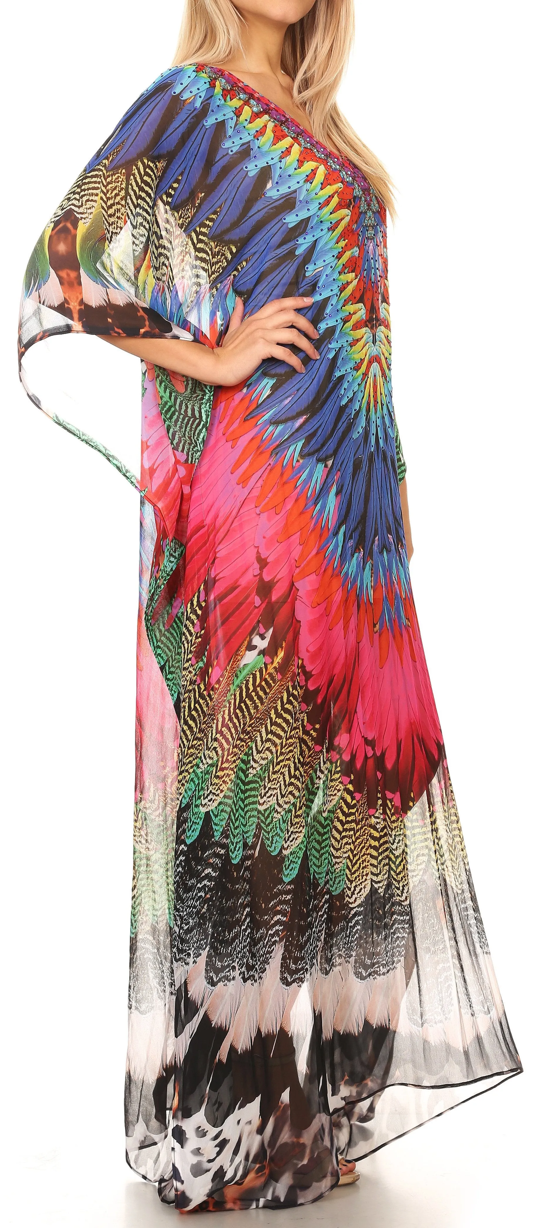 Sakkas Wilder Printed Design Long Sheer Rhinestone Caftan Dress / Cover Up