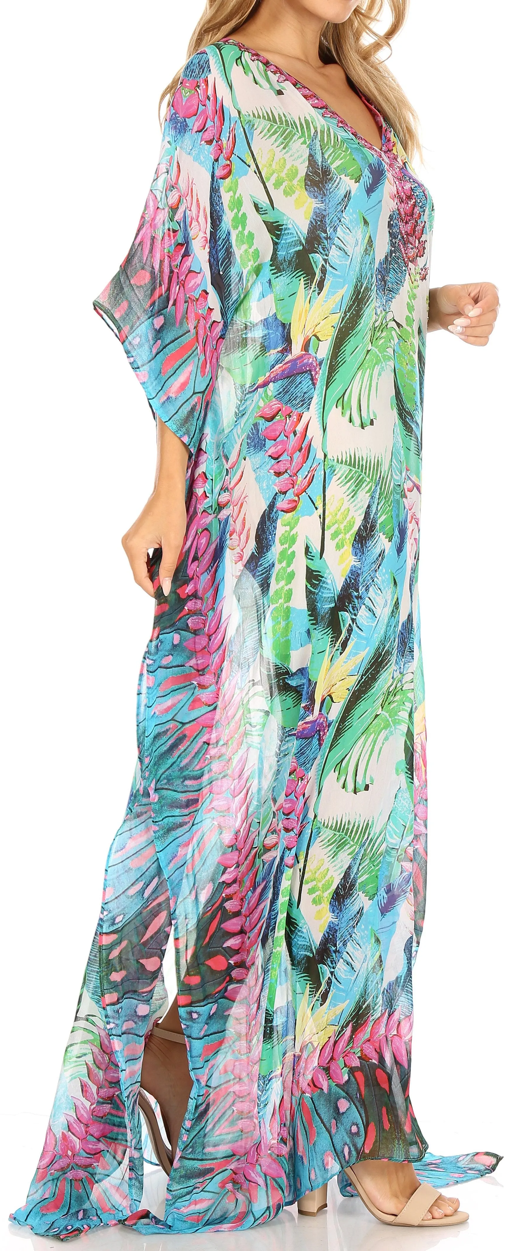 Sakkas Wilder Printed Design Long Sheer Rhinestone Caftan Dress / Cover Up