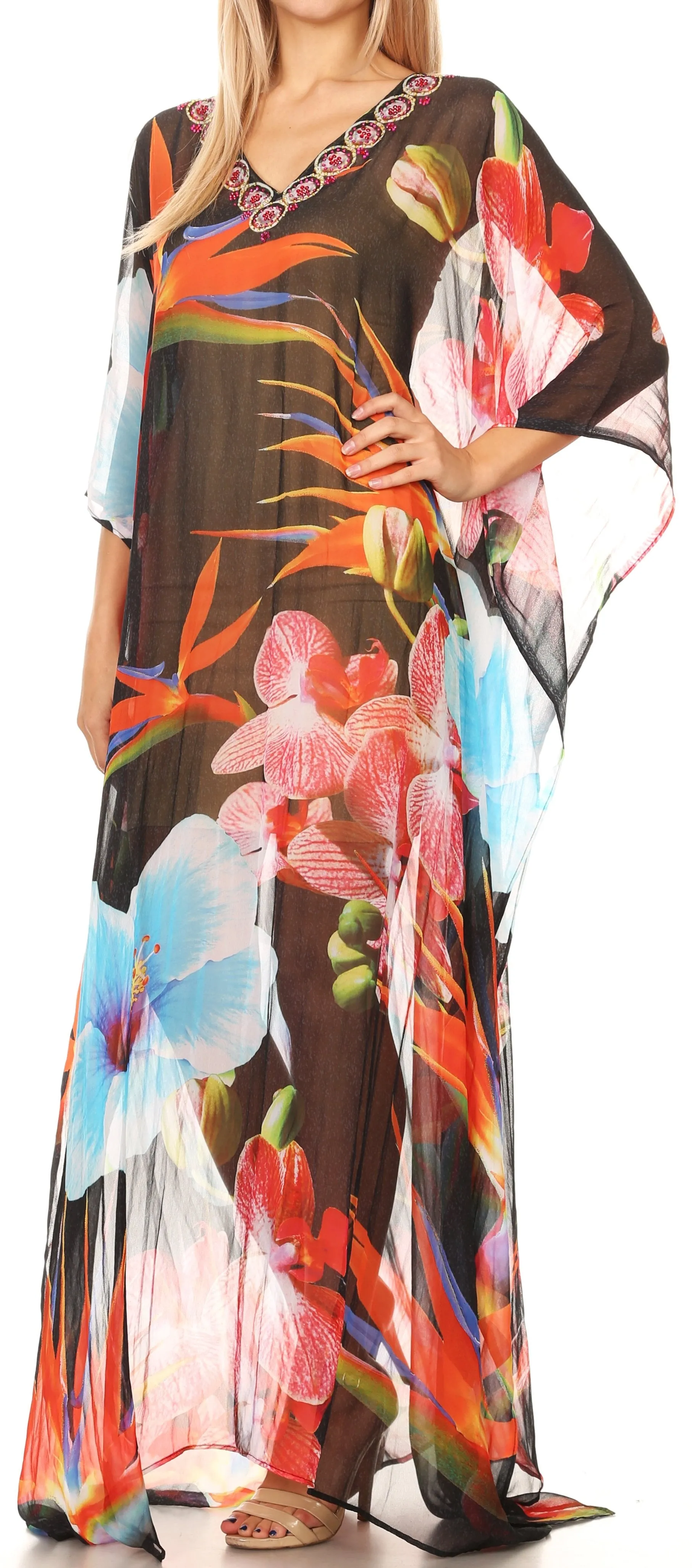 Sakkas Wilder Printed Design Long Sheer Rhinestone Caftan Dress / Cover Up