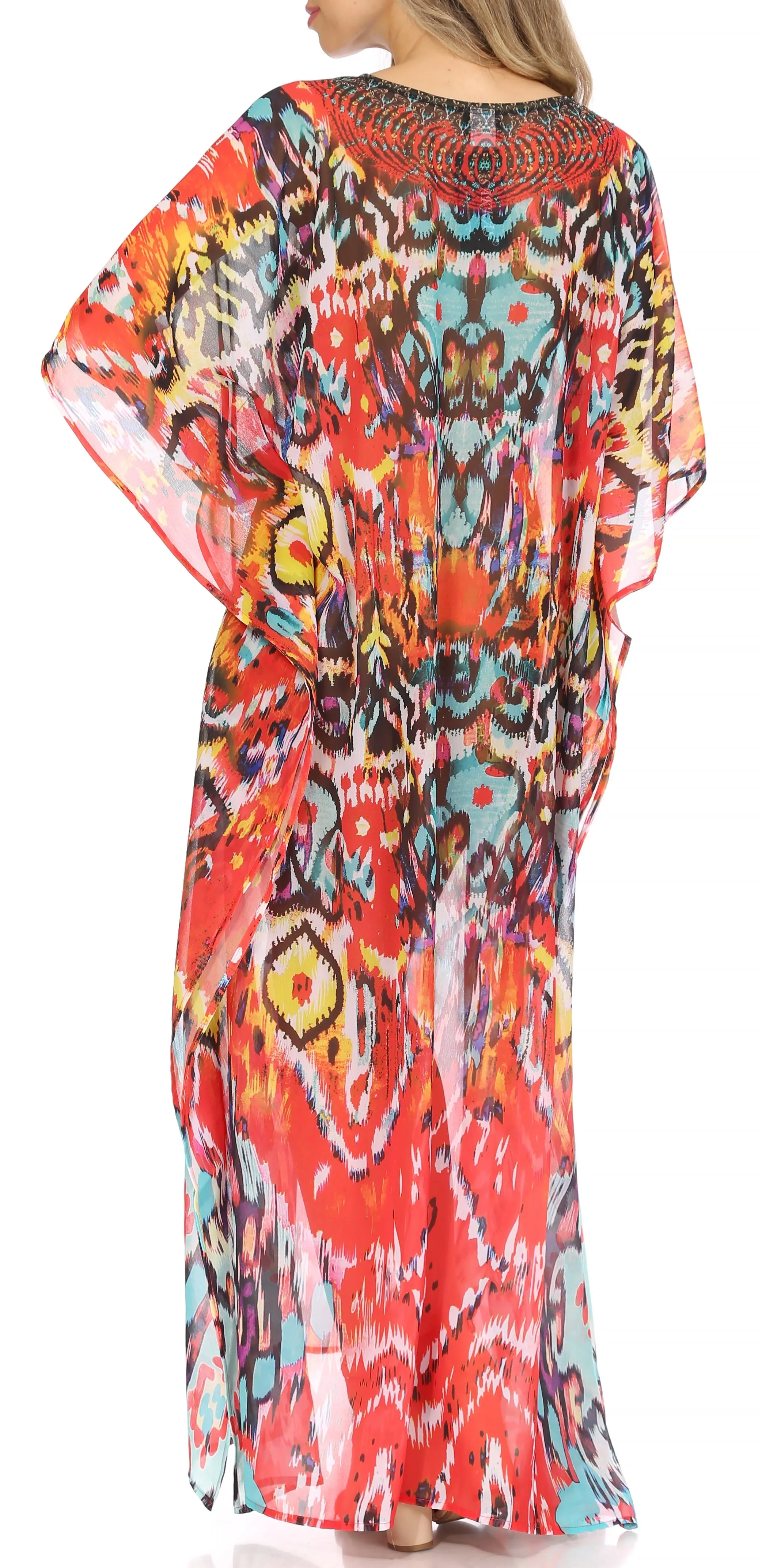 Sakkas Wilder Printed Design Long Sheer Rhinestone Caftan Dress / Cover Up