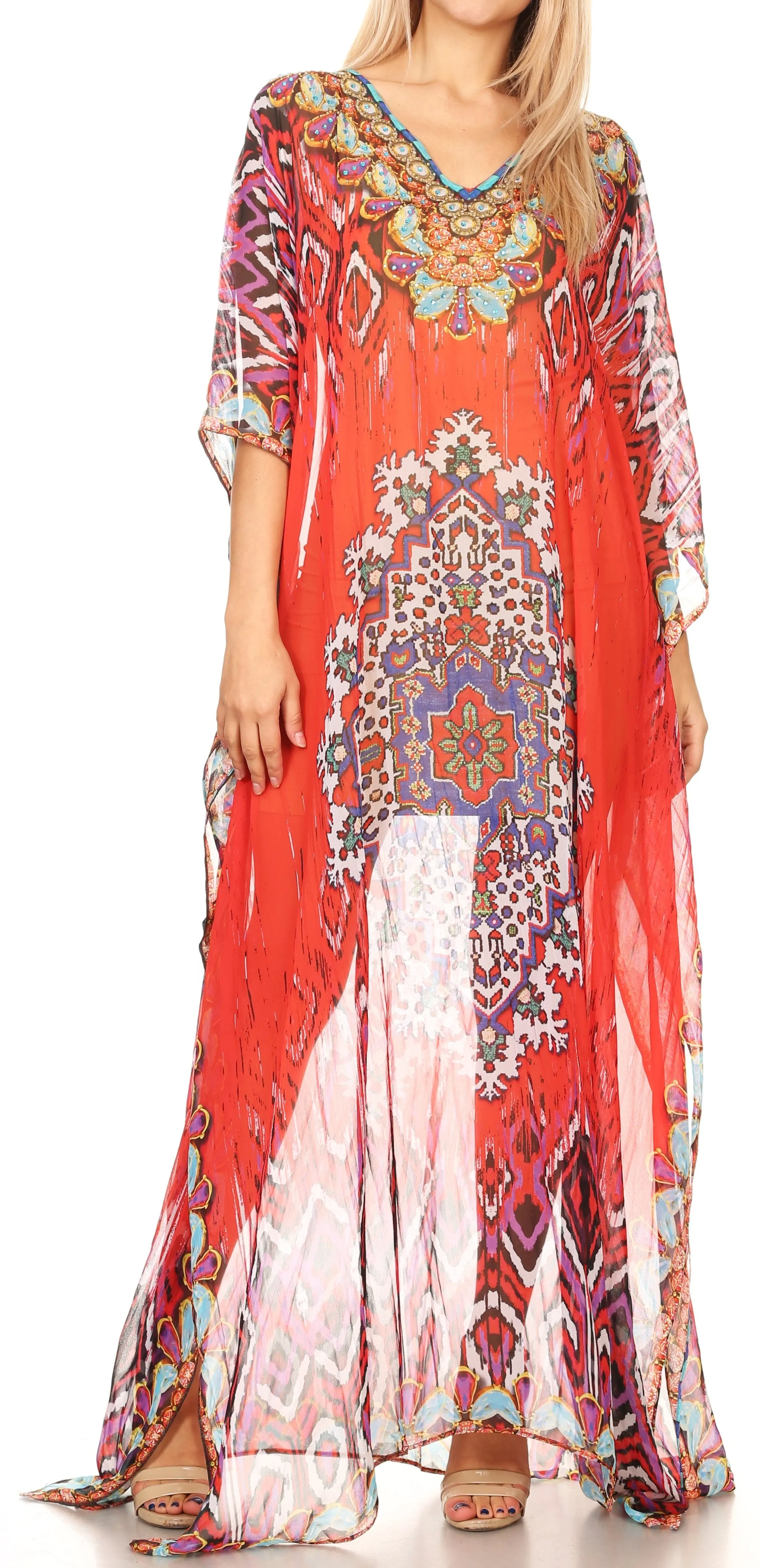 Sakkas Wilder Printed Design Long Sheer Rhinestone Caftan Dress / Cover Up