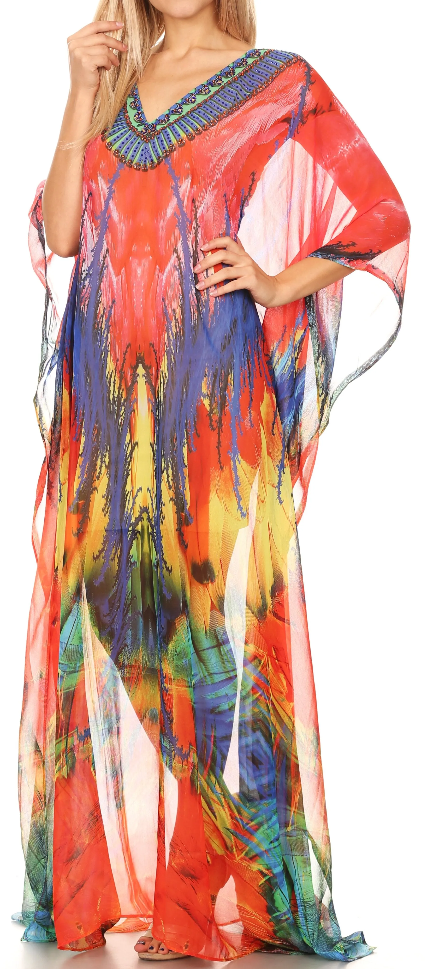 Sakkas Wilder Printed Design Long Sheer Rhinestone Caftan Dress / Cover Up