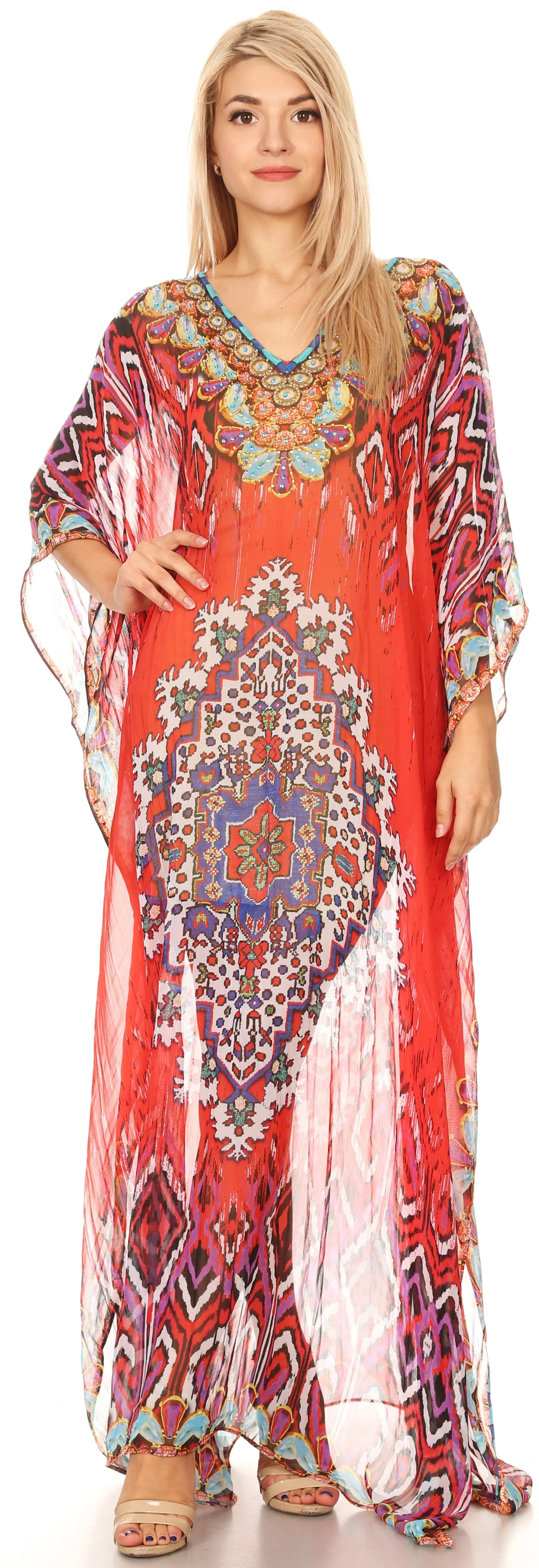 Sakkas Wilder Printed Design Long Sheer Rhinestone Caftan Dress / Cover Up