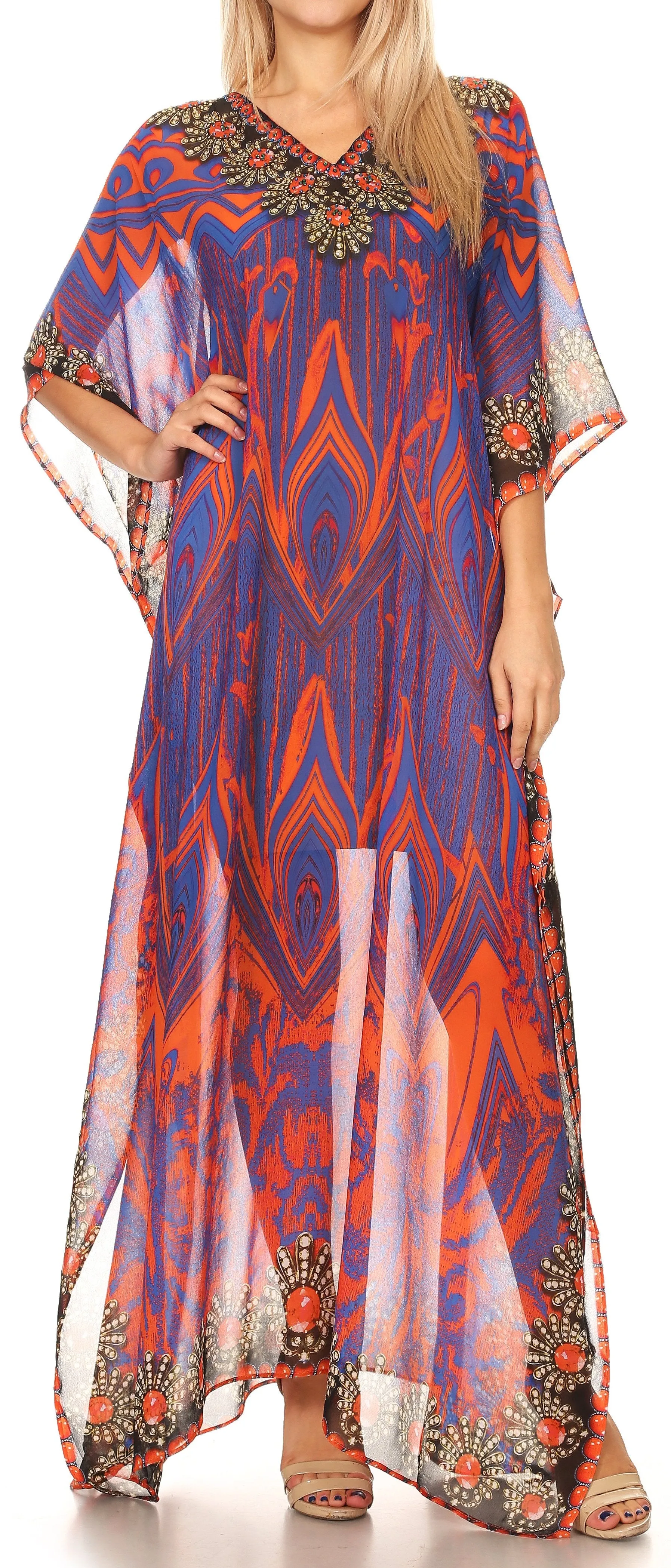 Sakkas Wilder Printed Design Long Sheer Rhinestone Caftan Dress / Cover Up