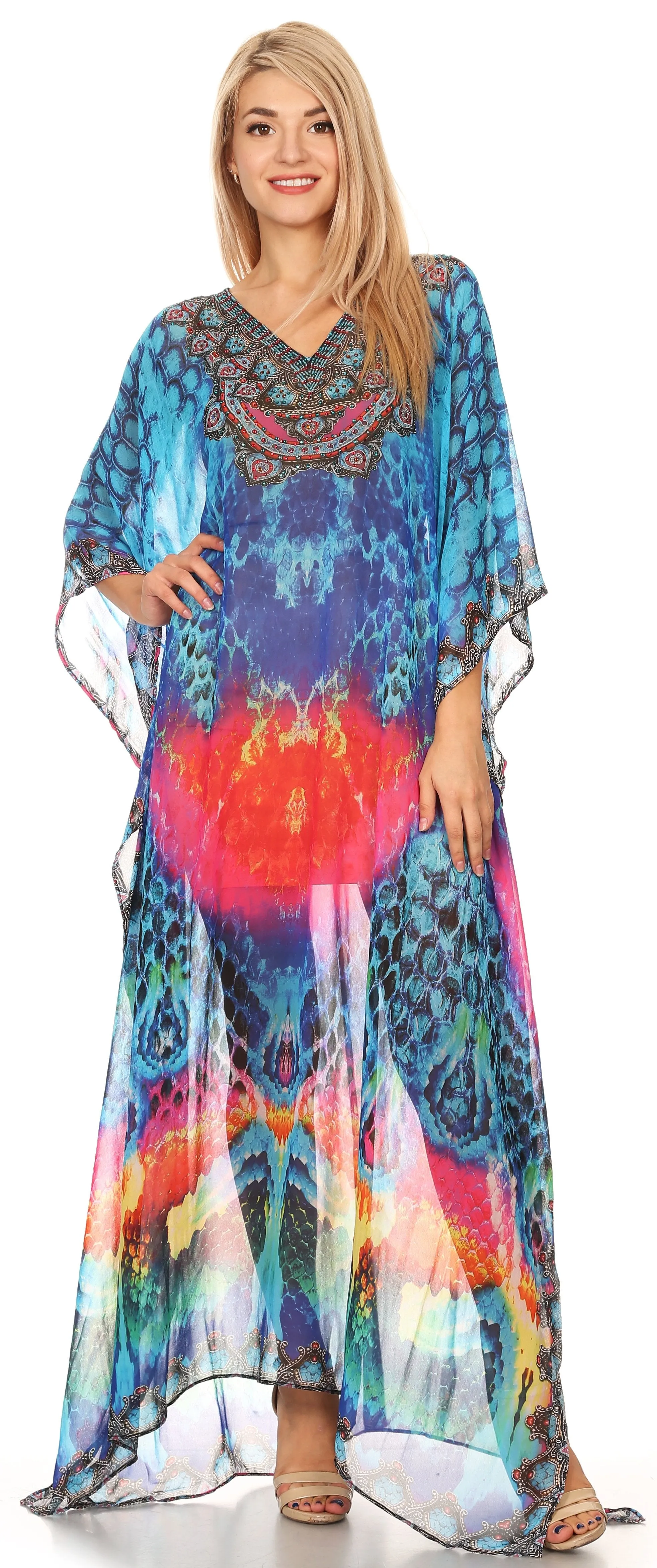 Sakkas Wilder Printed Design Long Sheer Rhinestone Caftan Dress / Cover Up