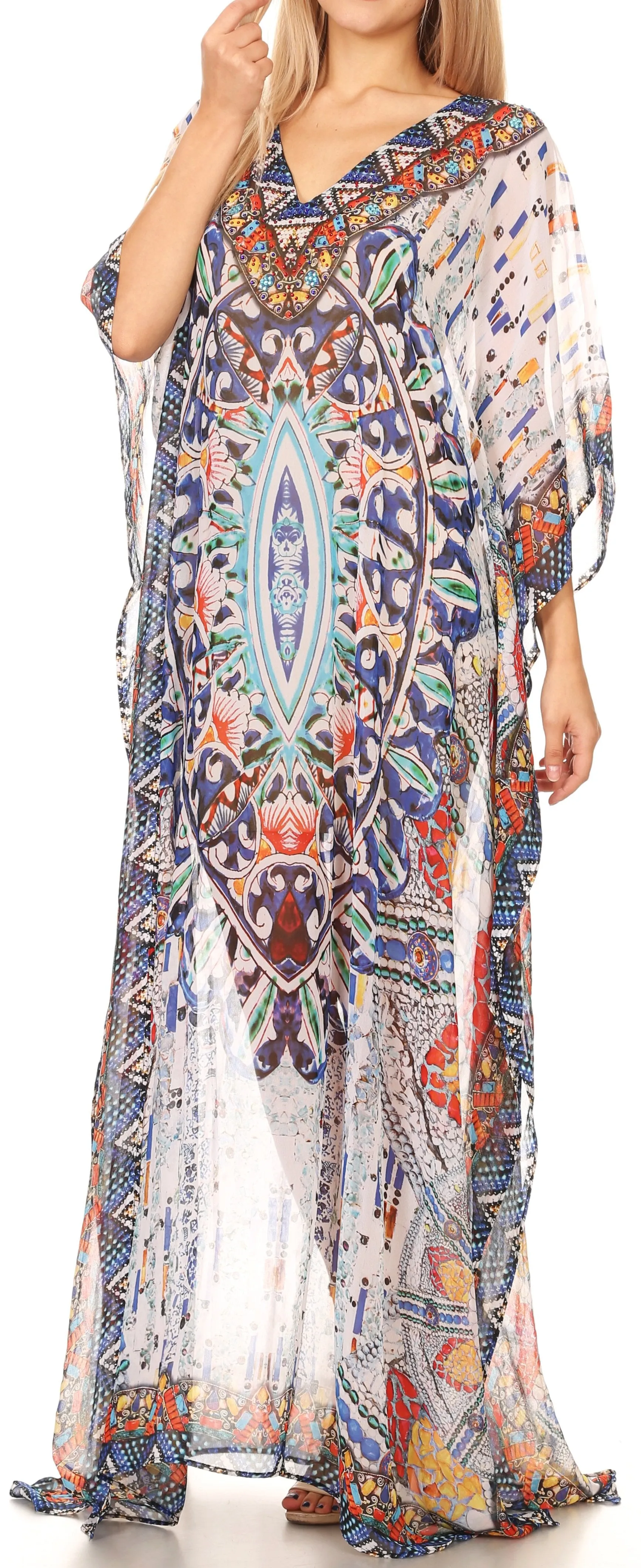 Sakkas Wilder Printed Design Long Sheer Rhinestone Caftan Dress / Cover Up