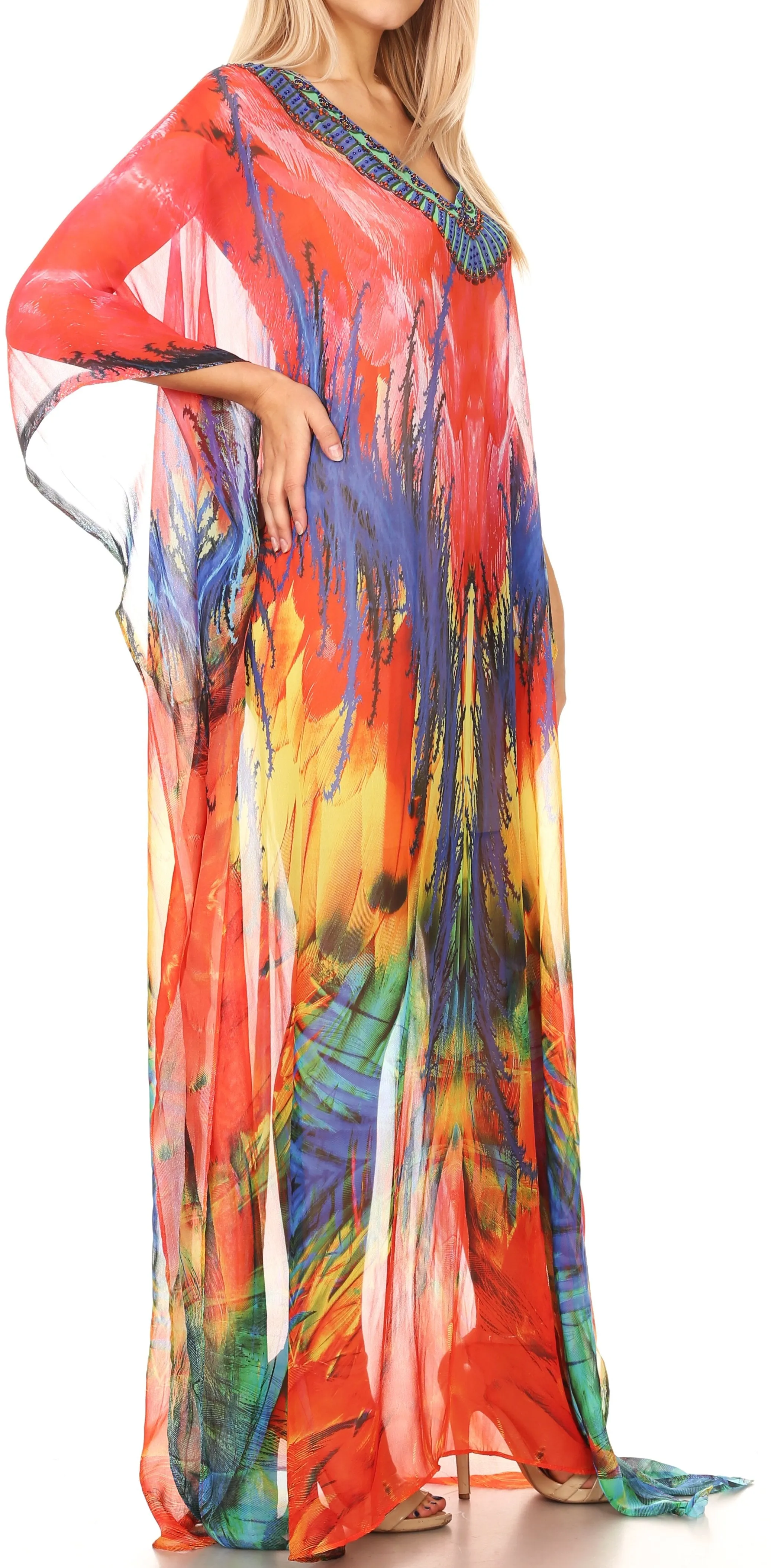 Sakkas Wilder Printed Design Long Sheer Rhinestone Caftan Dress / Cover Up