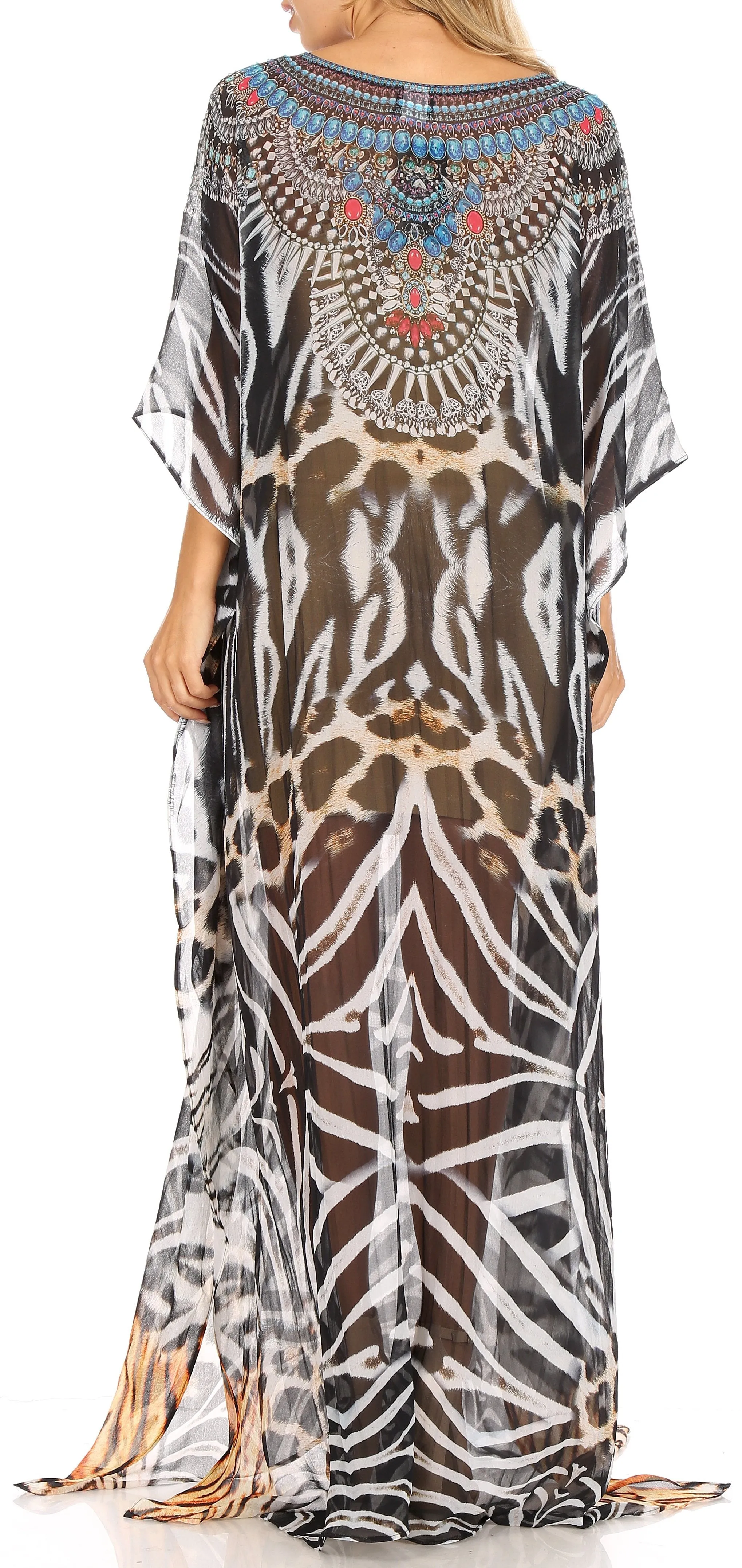 Sakkas Wilder Printed Design Long Sheer Rhinestone Caftan Dress / Cover Up