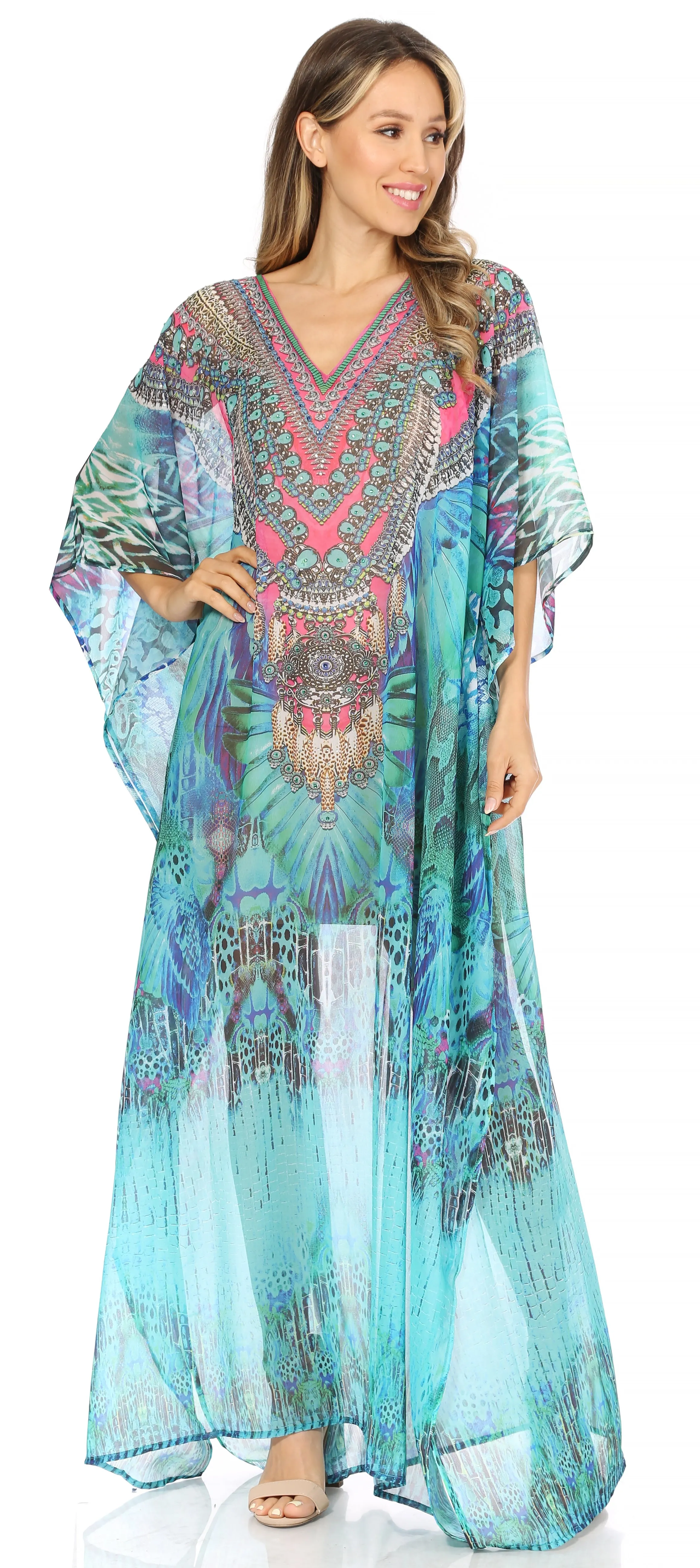 Sakkas Wilder Printed Design Long Sheer Rhinestone Caftan Dress / Cover Up