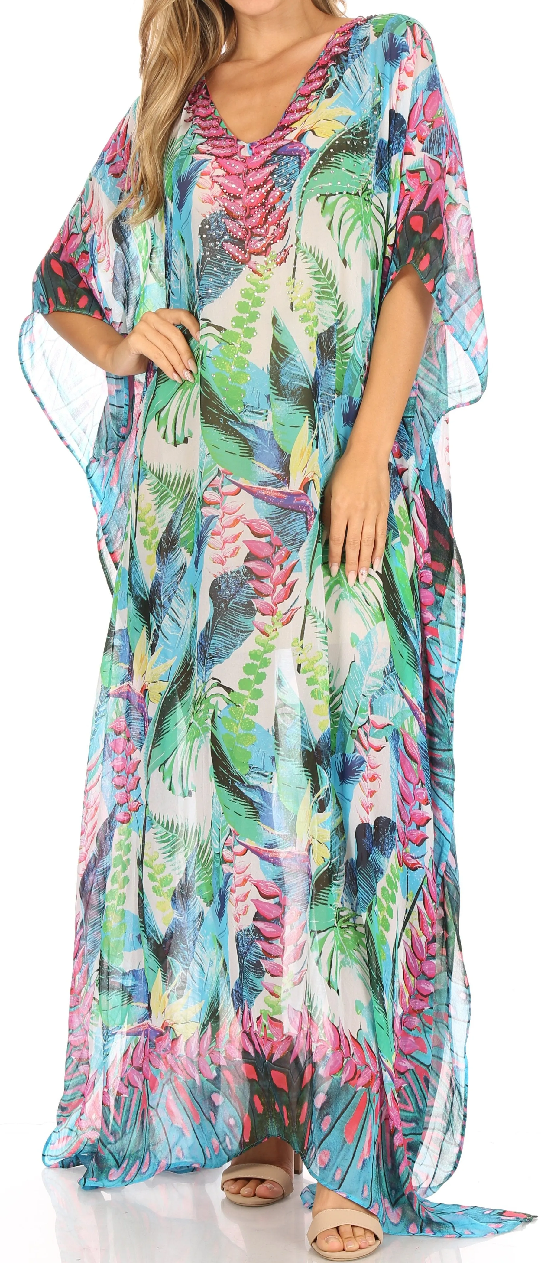 Sakkas Wilder Printed Design Long Sheer Rhinestone Caftan Dress / Cover Up