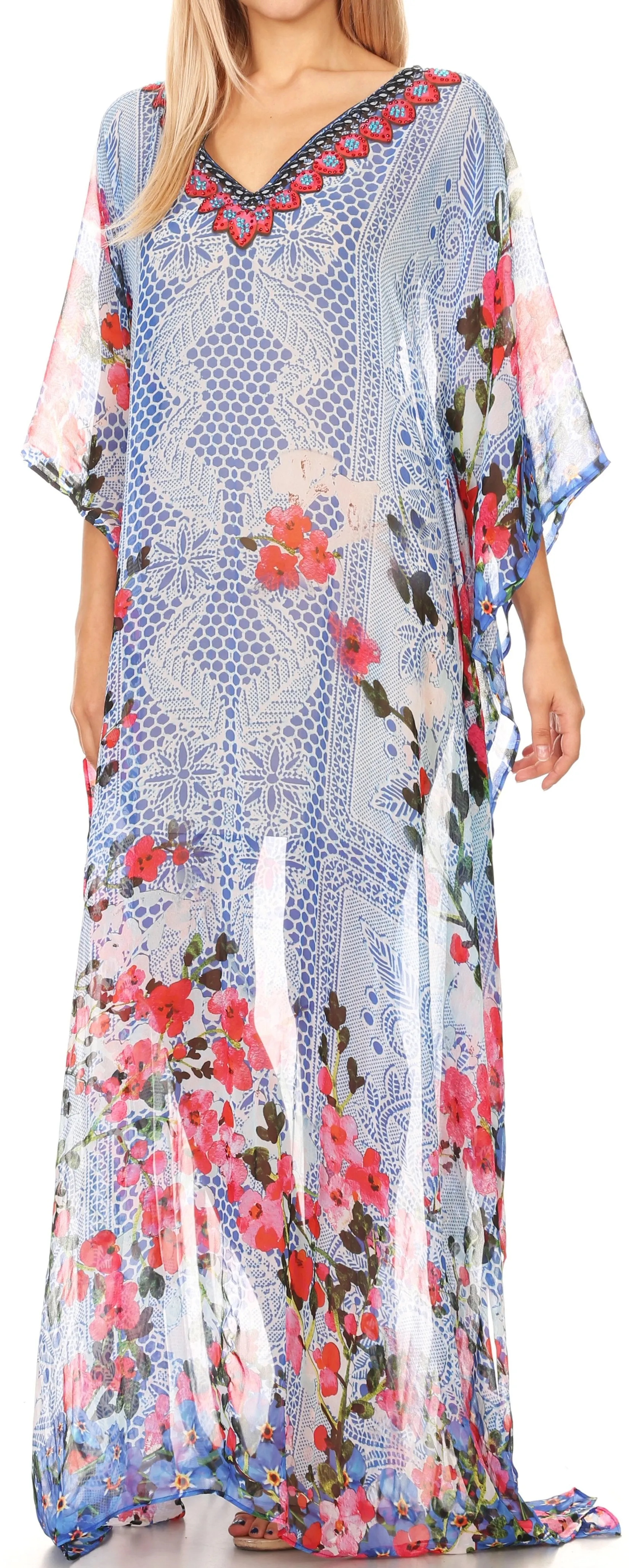 Sakkas Wilder Printed Design Long Sheer Rhinestone Caftan Dress / Cover Up