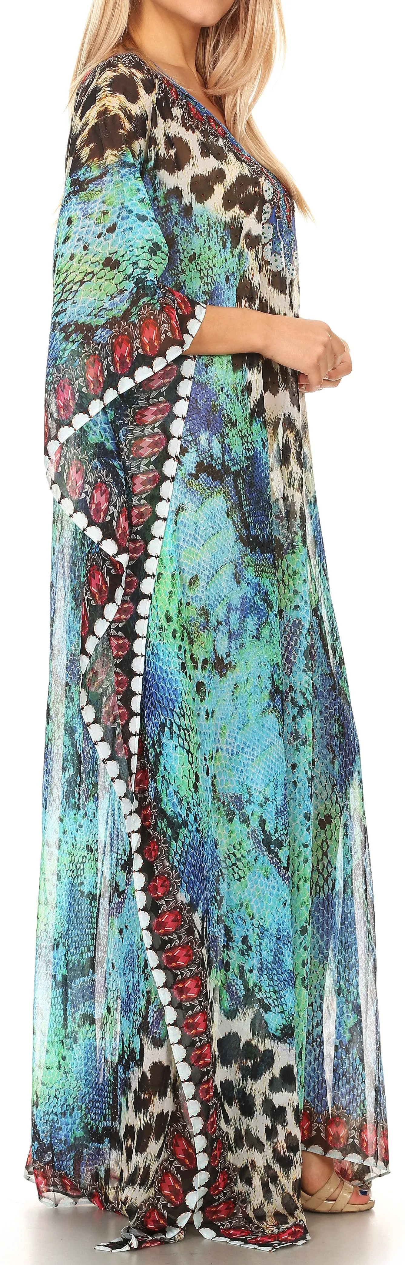 Sakkas Wilder Printed Design Long Sheer Rhinestone Caftan Dress / Cover Up