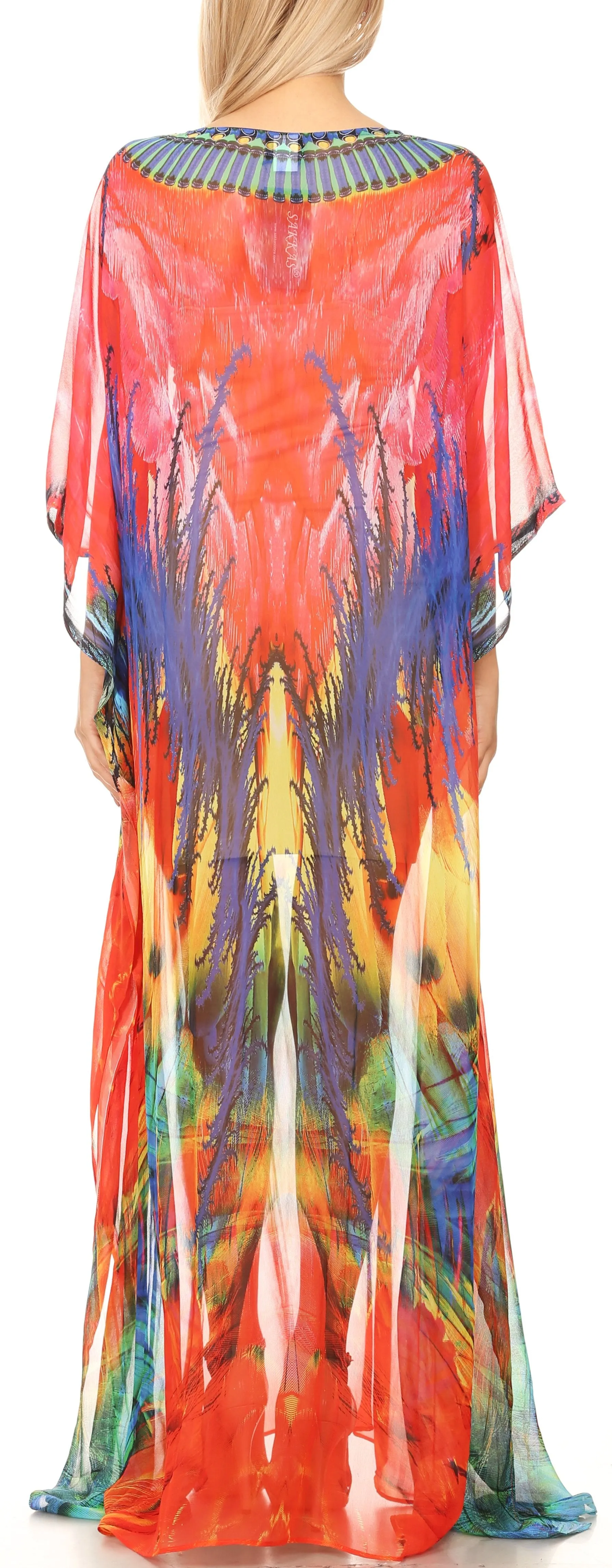 Sakkas Wilder Printed Design Long Sheer Rhinestone Caftan Dress / Cover Up