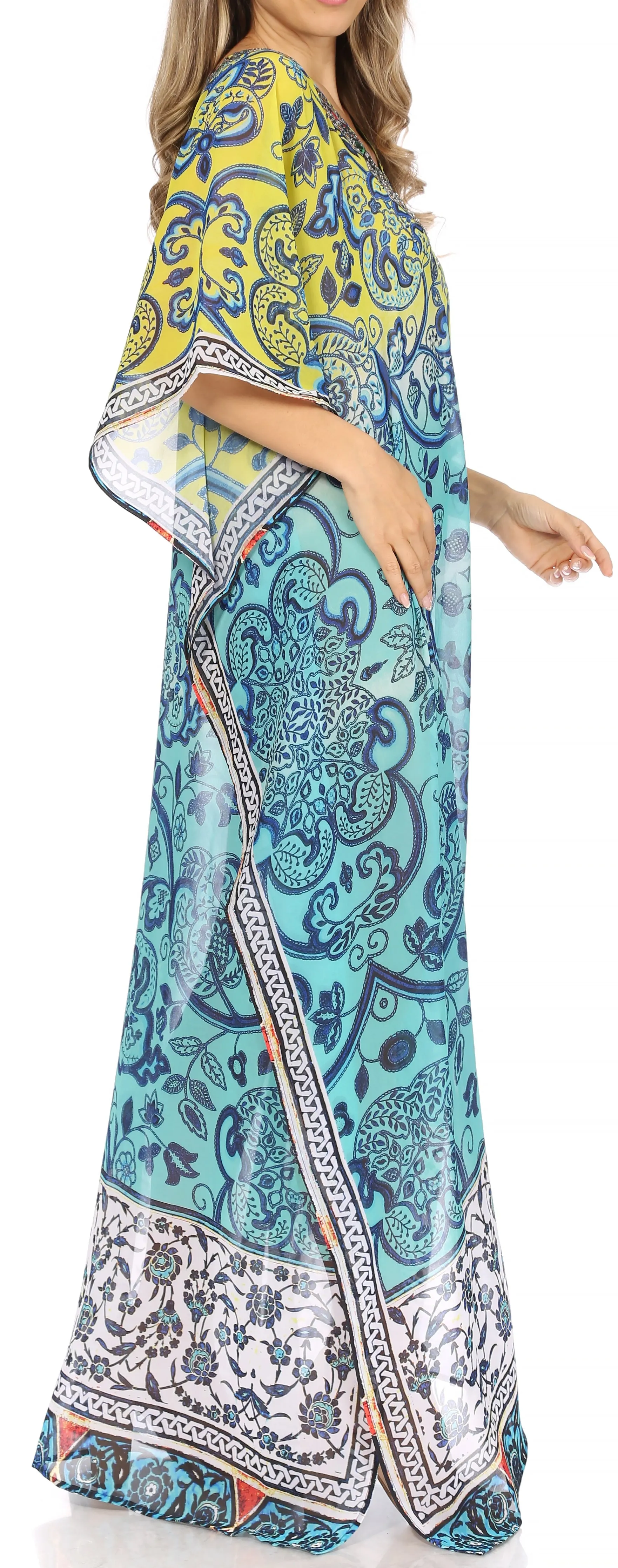 Sakkas Wilder Printed Design Long Sheer Rhinestone Caftan Dress / Cover Up