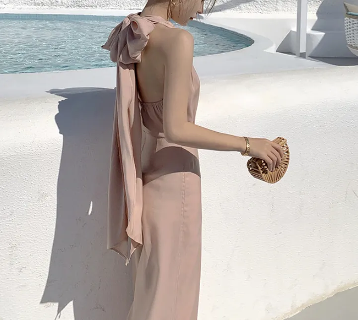 Seaside Resort V-Neck High Waist Halter Open Back Wide Leg One Piece Pants