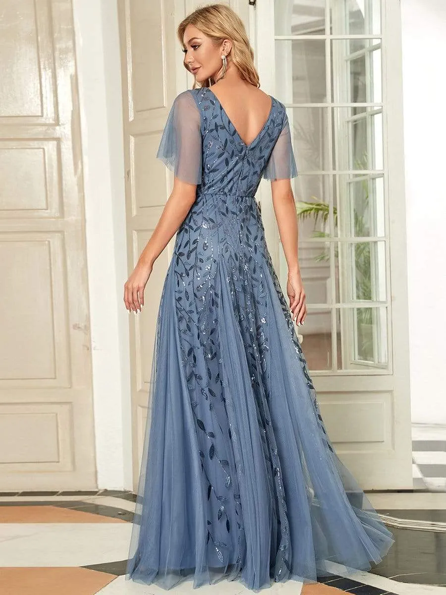 Shimmery V Neck Ruffle Sleeves Sequin Maxi Long Evening Gowns