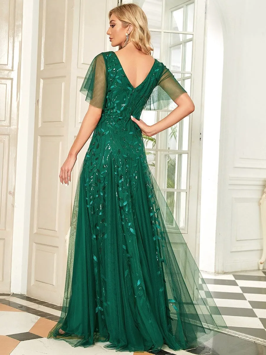 Shimmery V Neck Ruffle Sleeves Sequin Maxi Long Evening Gowns