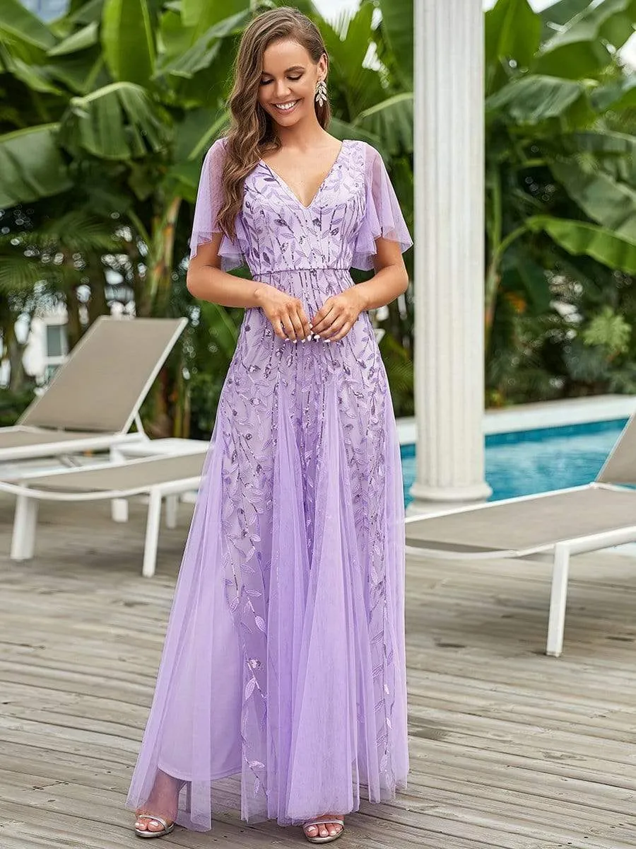 Shimmery V Neck Ruffle Sleeves Sequin Maxi Long Evening Gowns