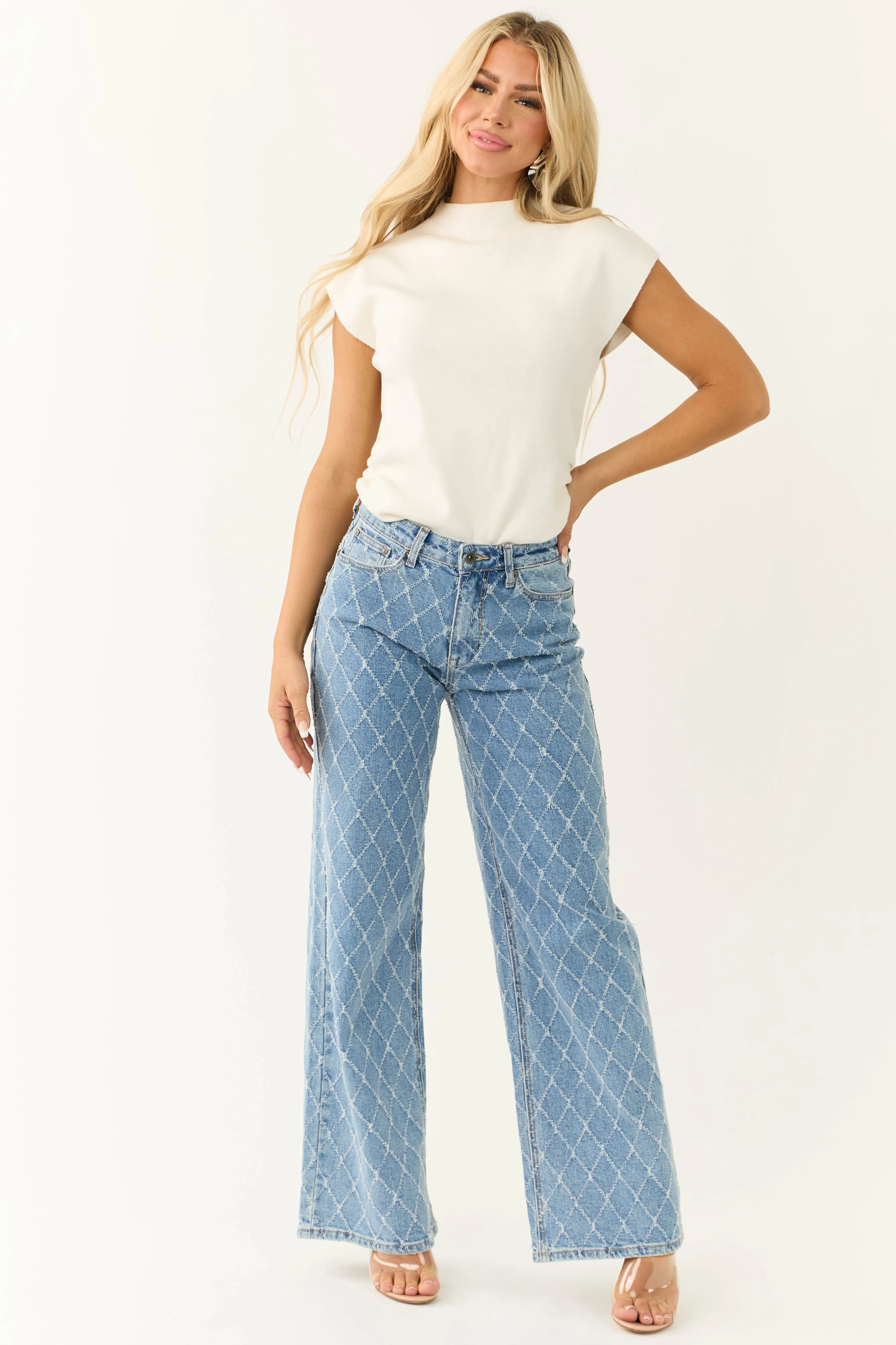 Special A Medium Wash Quilted Pattern Jeans