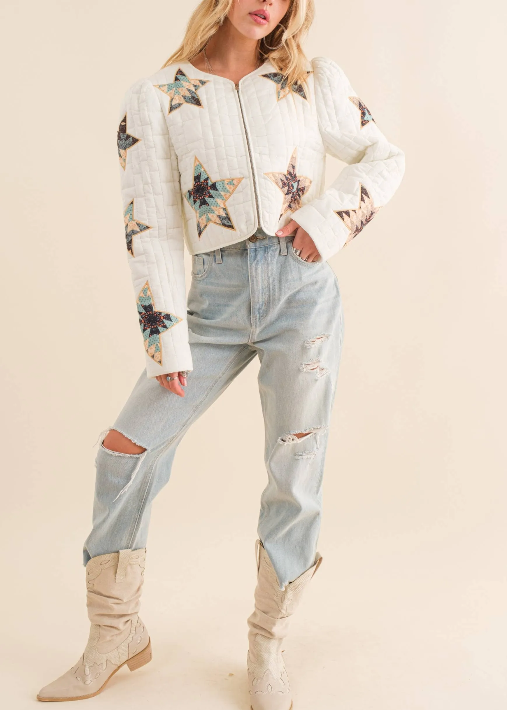 Star Struck Embroidered Quilted Padded Cropped Jacket