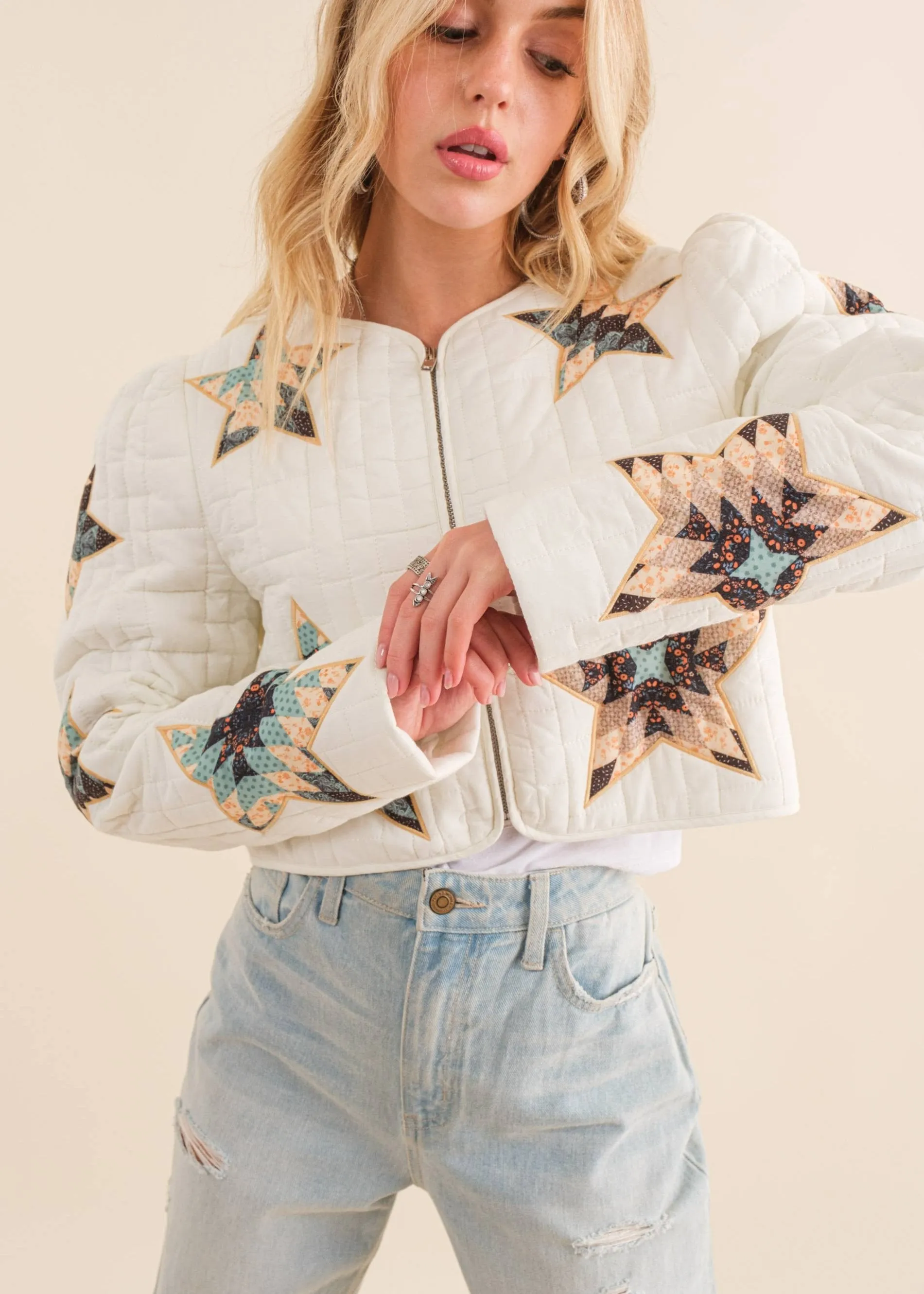 Star Struck Embroidered Quilted Padded Cropped Jacket