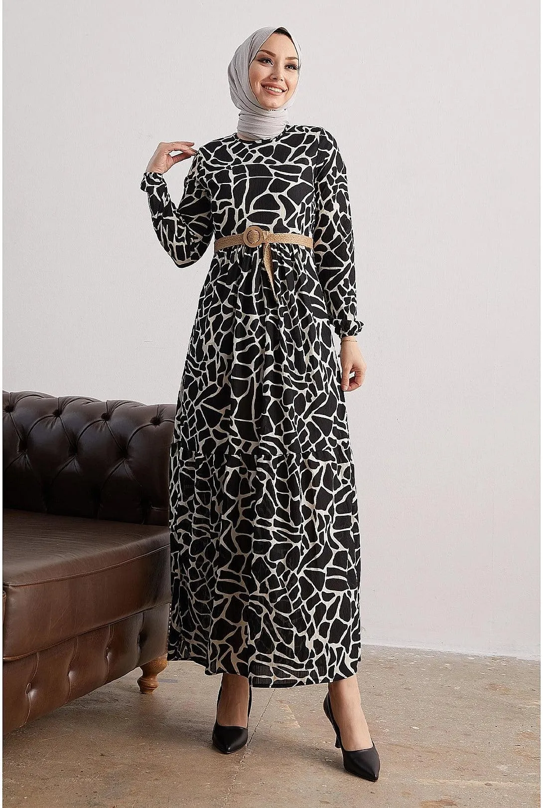 Stone Patterned Straw Belt Modest Black Abaya Dress | Patterned Maxi Dress With Straw Belt