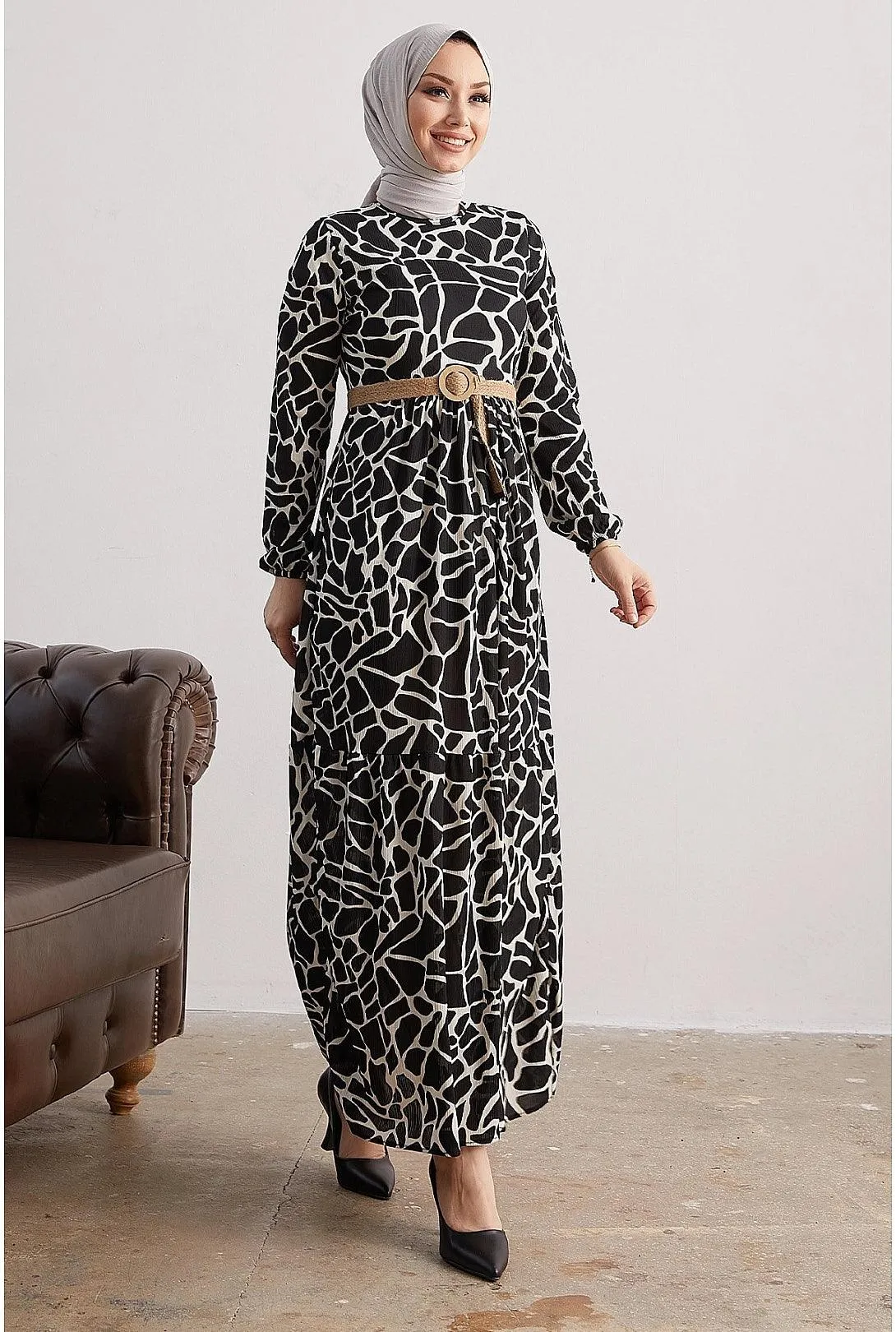 Stone Patterned Straw Belt Modest Black Abaya Dress | Patterned Maxi Dress With Straw Belt