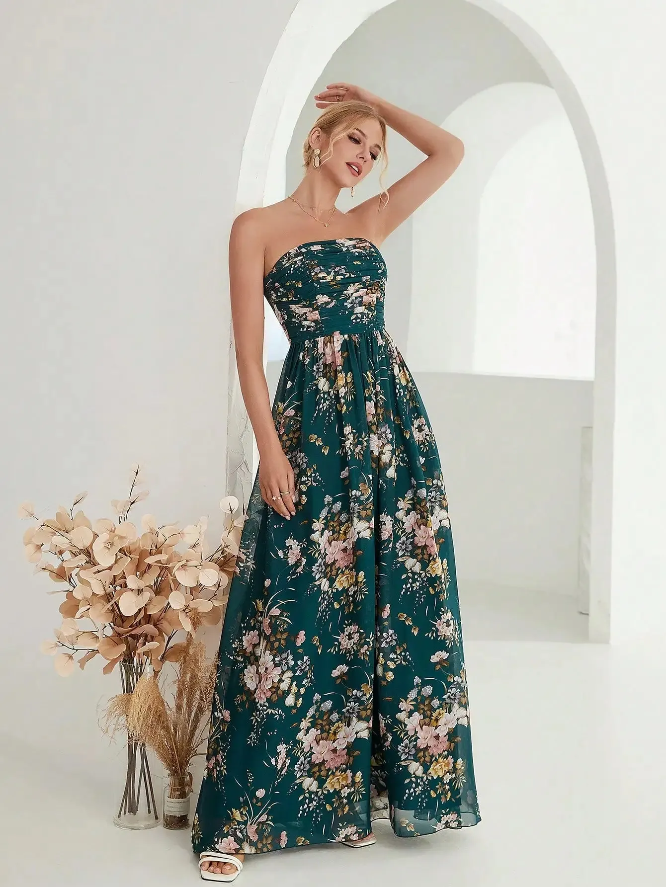 Strapless Pleated Floral Printed Chiffon Maxi Dress