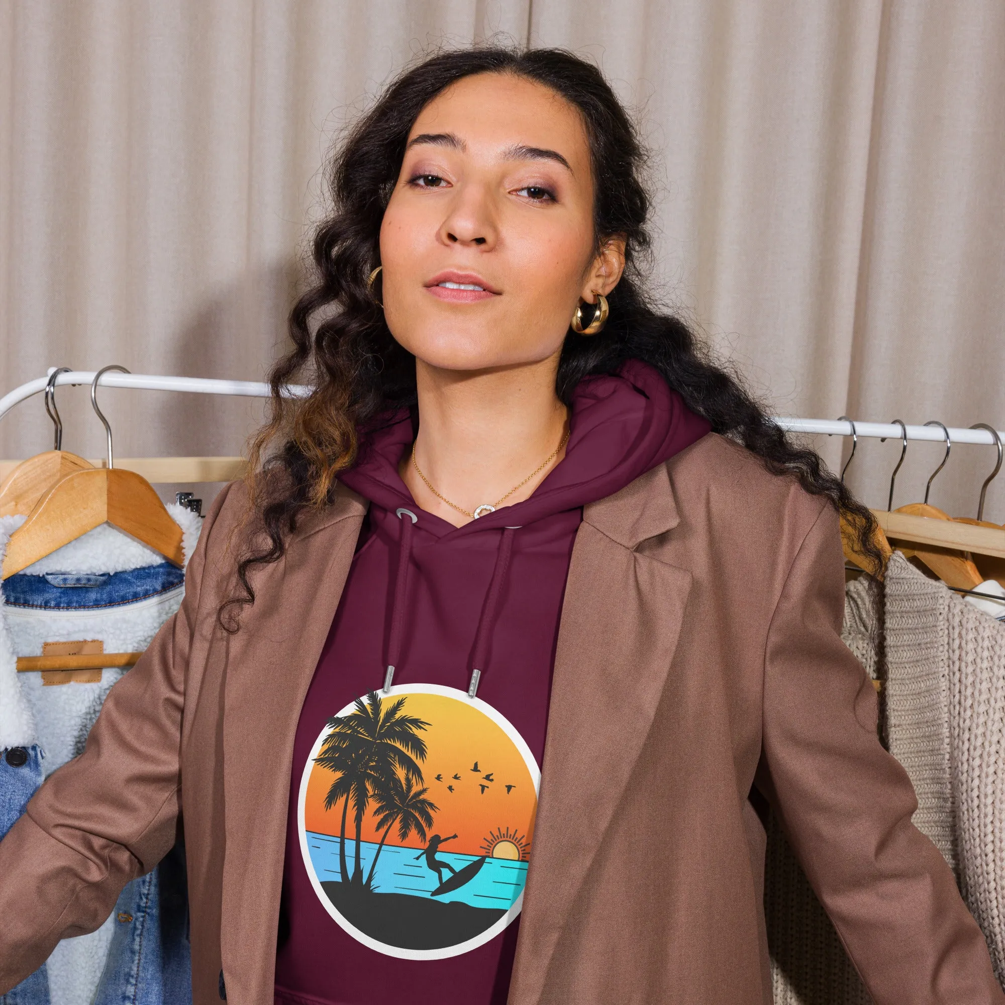 Sunset Surfing Vintage Graphic Women Eco Raglan Hoodie