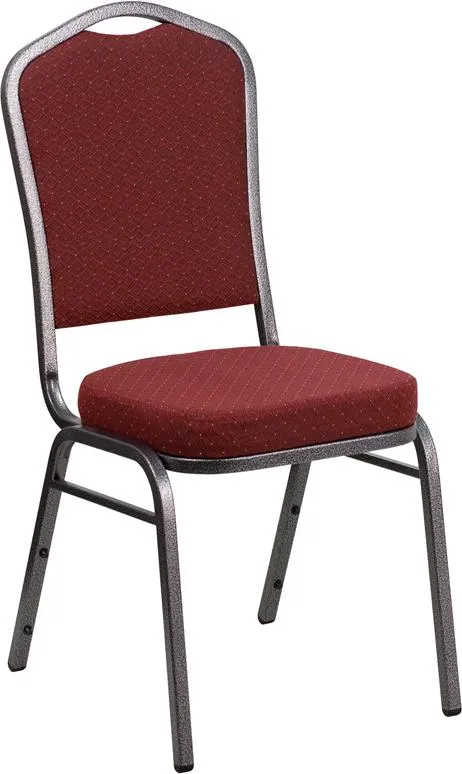 TBD 1012 Club Series Crown Back Stacking Banquet Chair with Burgundy Patterned Fabric and 2.5'' Thick Seat - Silver Vein Frame