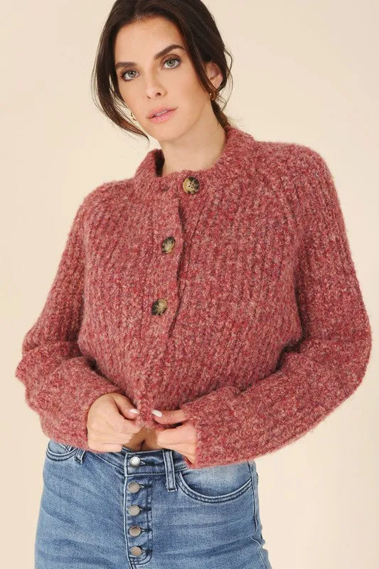 TEEK - Melange Texture Three Button Sweater Top