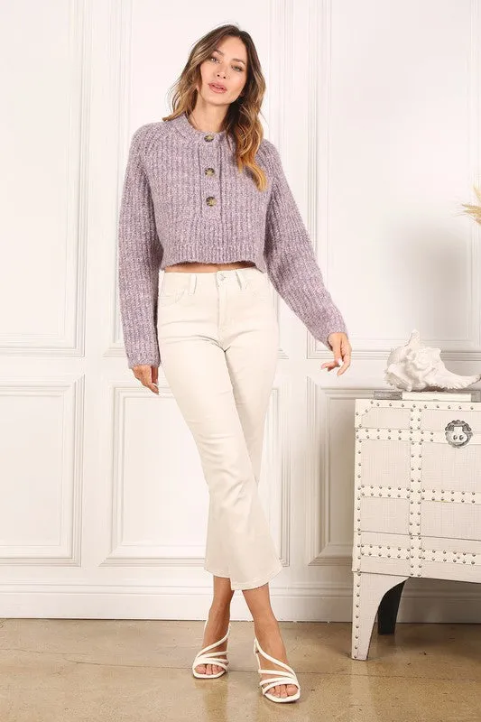 TEEK - Melange Texture Three Button Sweater Top