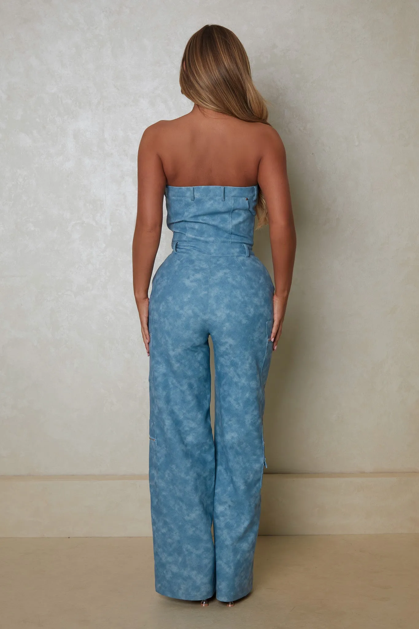 The Leather asymmetric zip jumpsuit- Blue