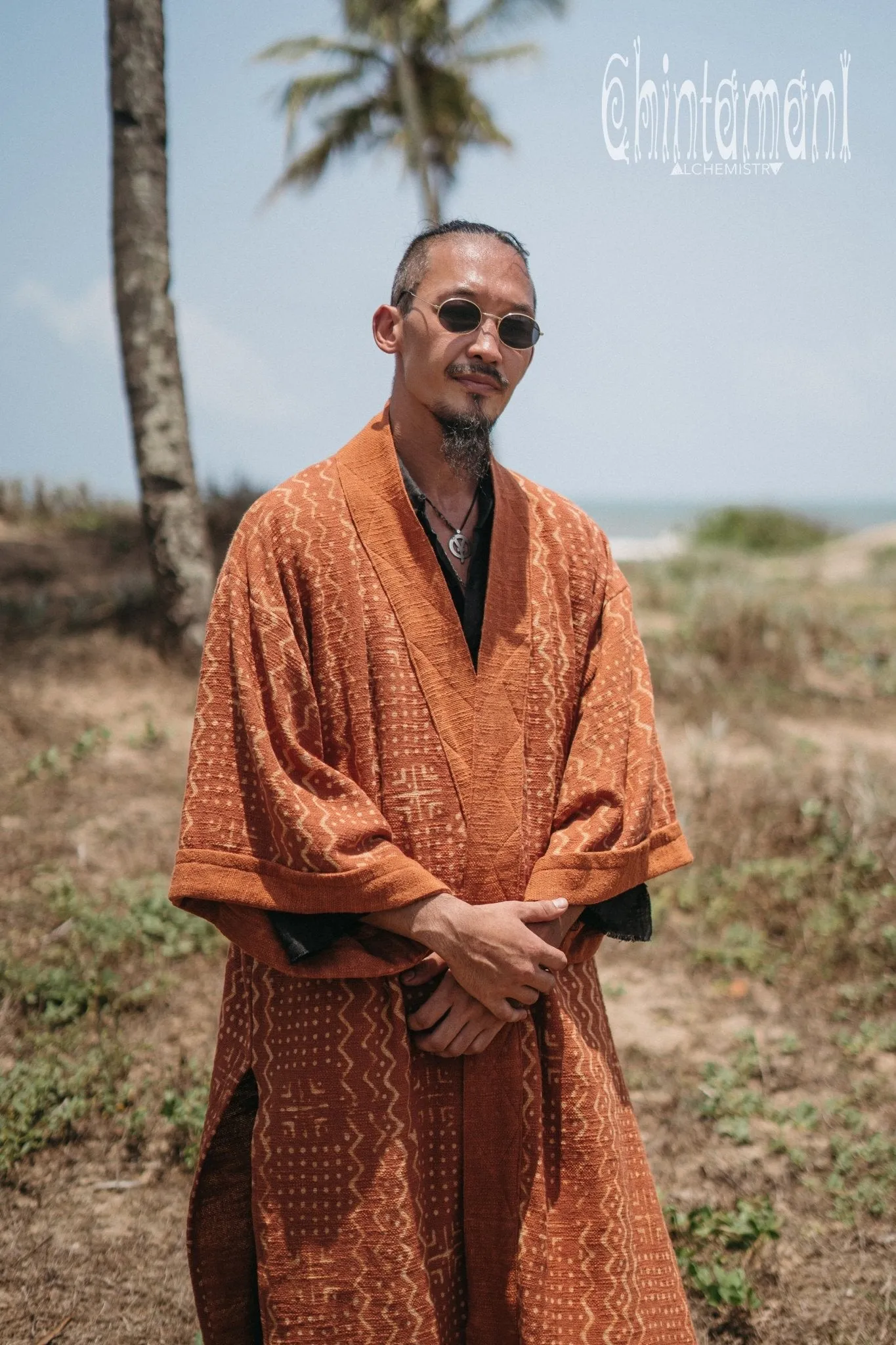 Tribal Kimono Robe with Block Print for Men / Rust