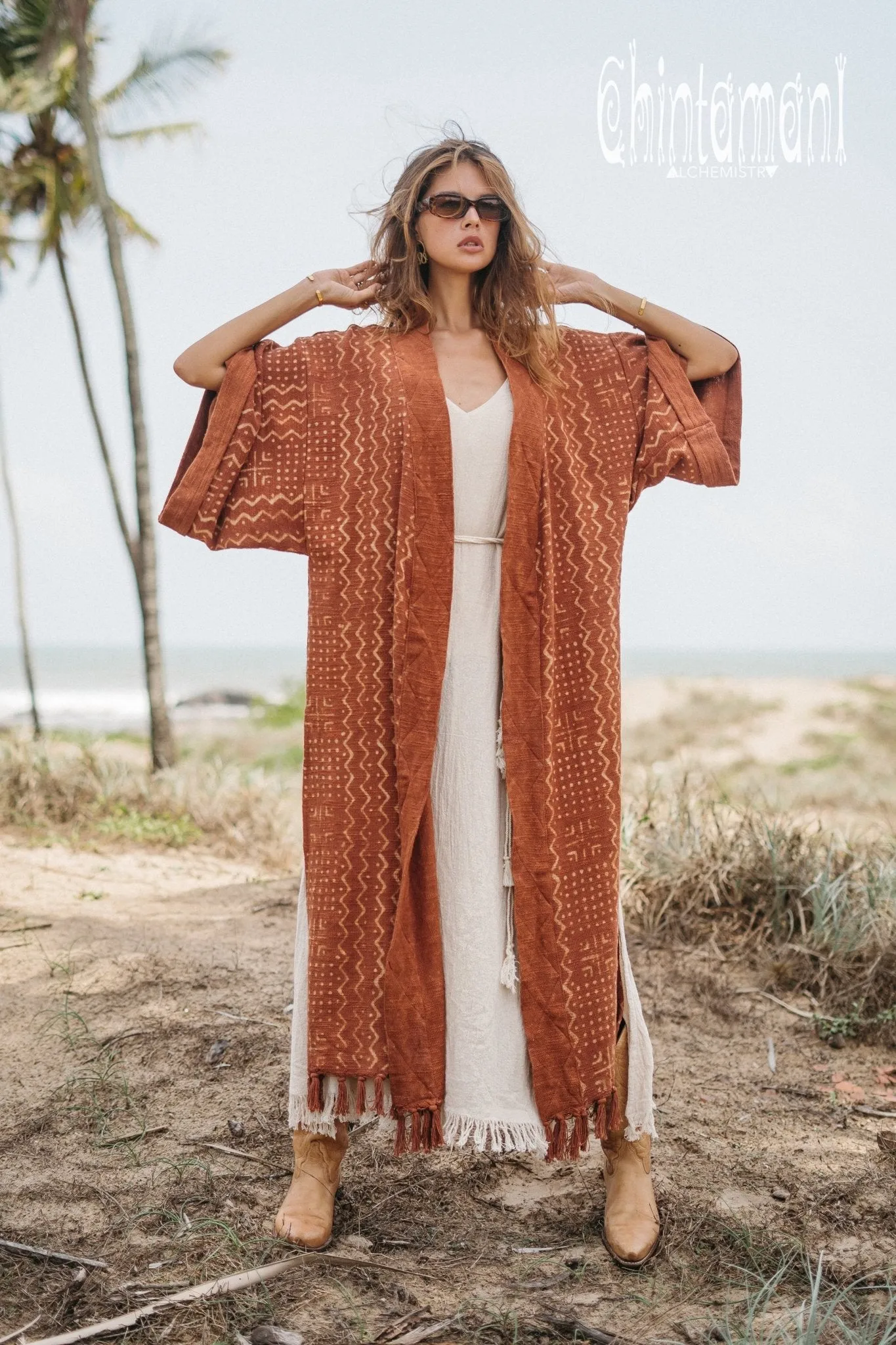 Tribal Kimono Robe with Block Print for Women / Rust