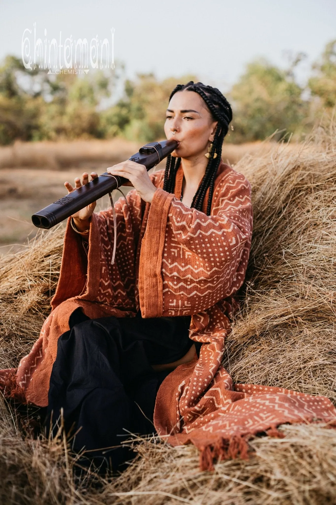 Tribal Kimono Robe with Block Print for Women / Rust