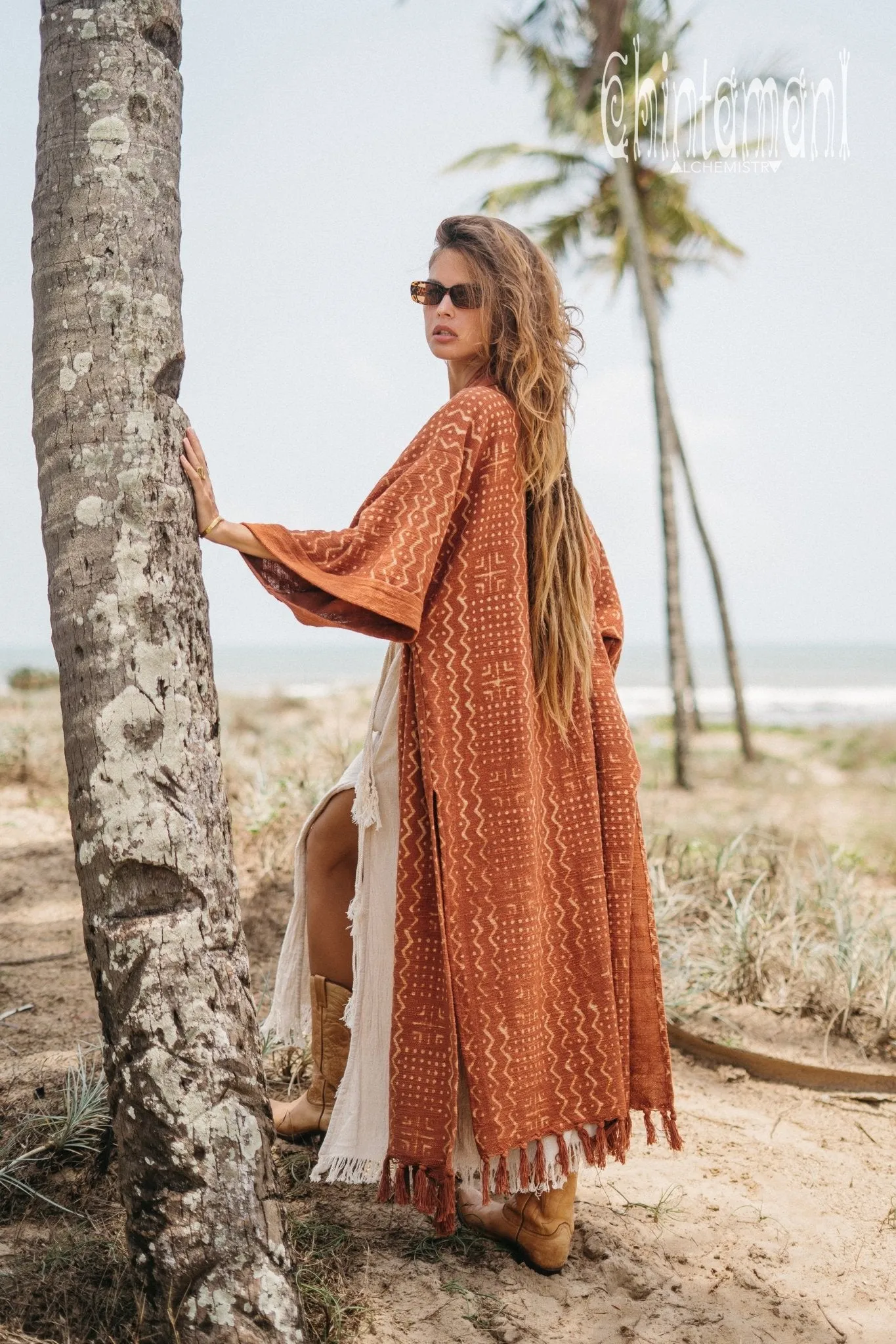 Tribal Kimono Robe with Block Print for Women / Rust