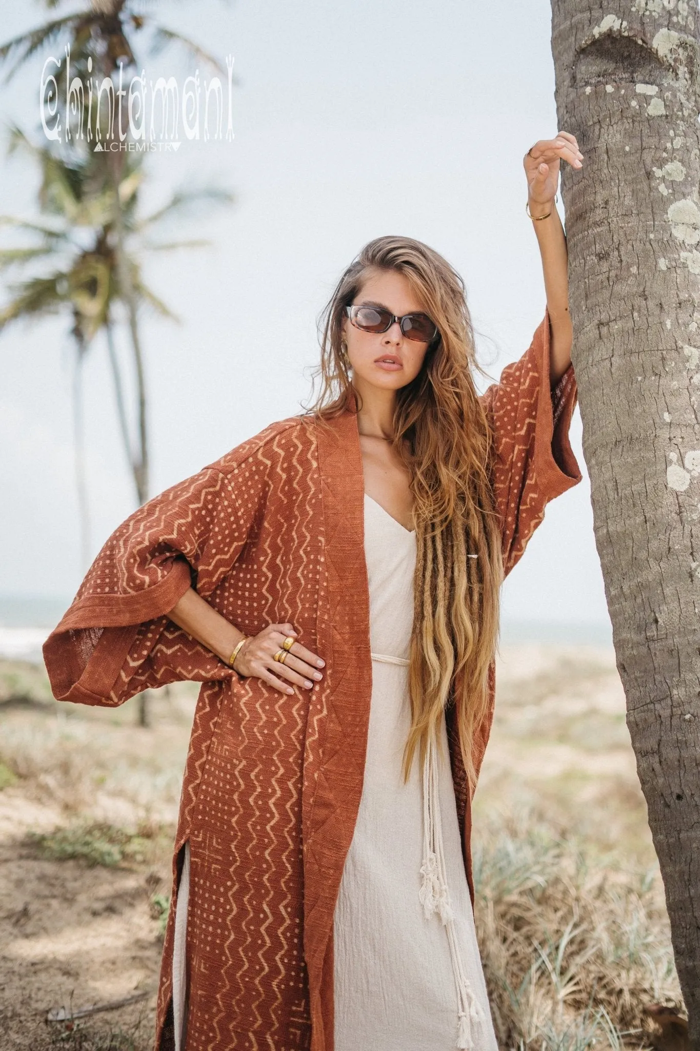 Tribal Kimono Robe with Block Print for Women / Rust