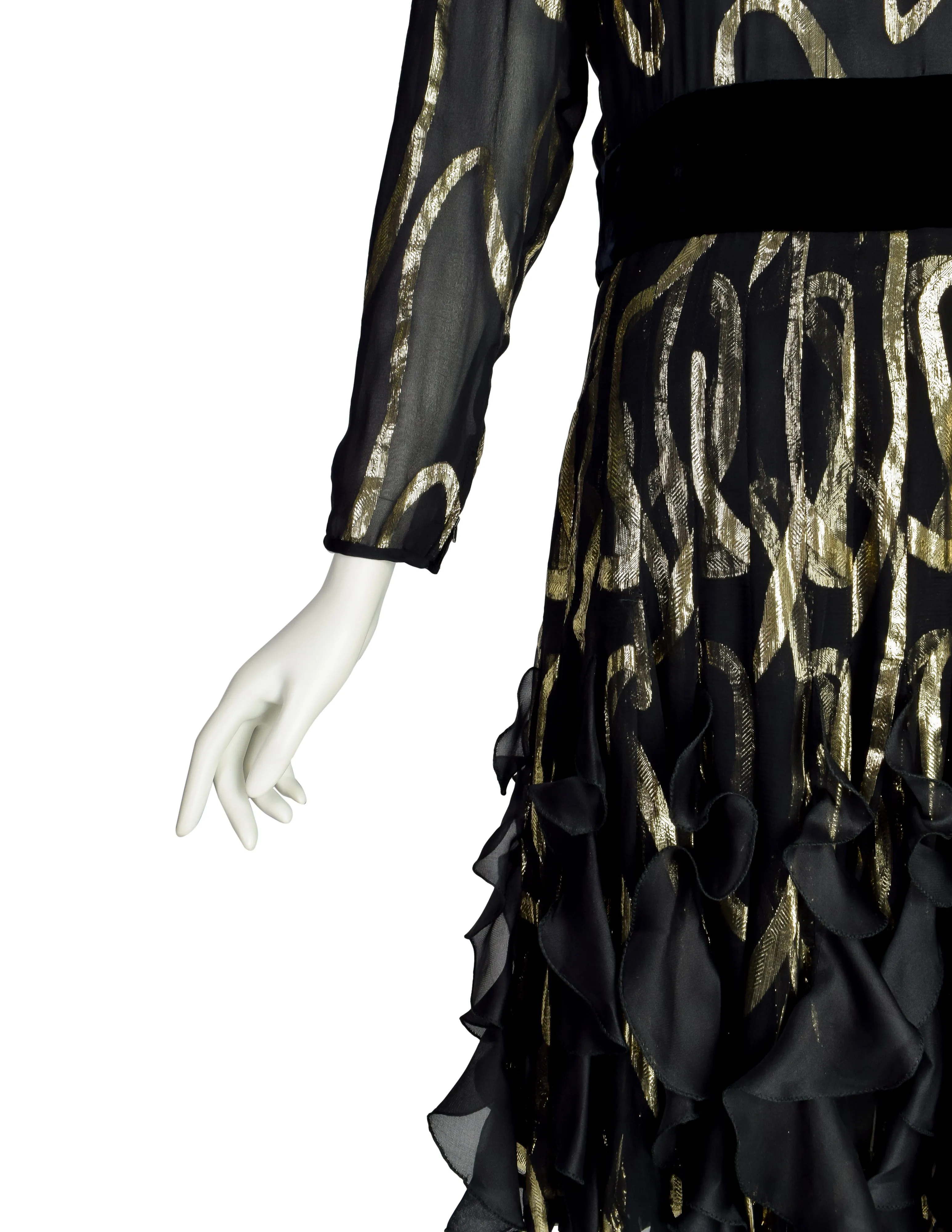 Valentino Vintage Black Silk Chiffon and Gold Lurex Flutter Ruffle Party Dress