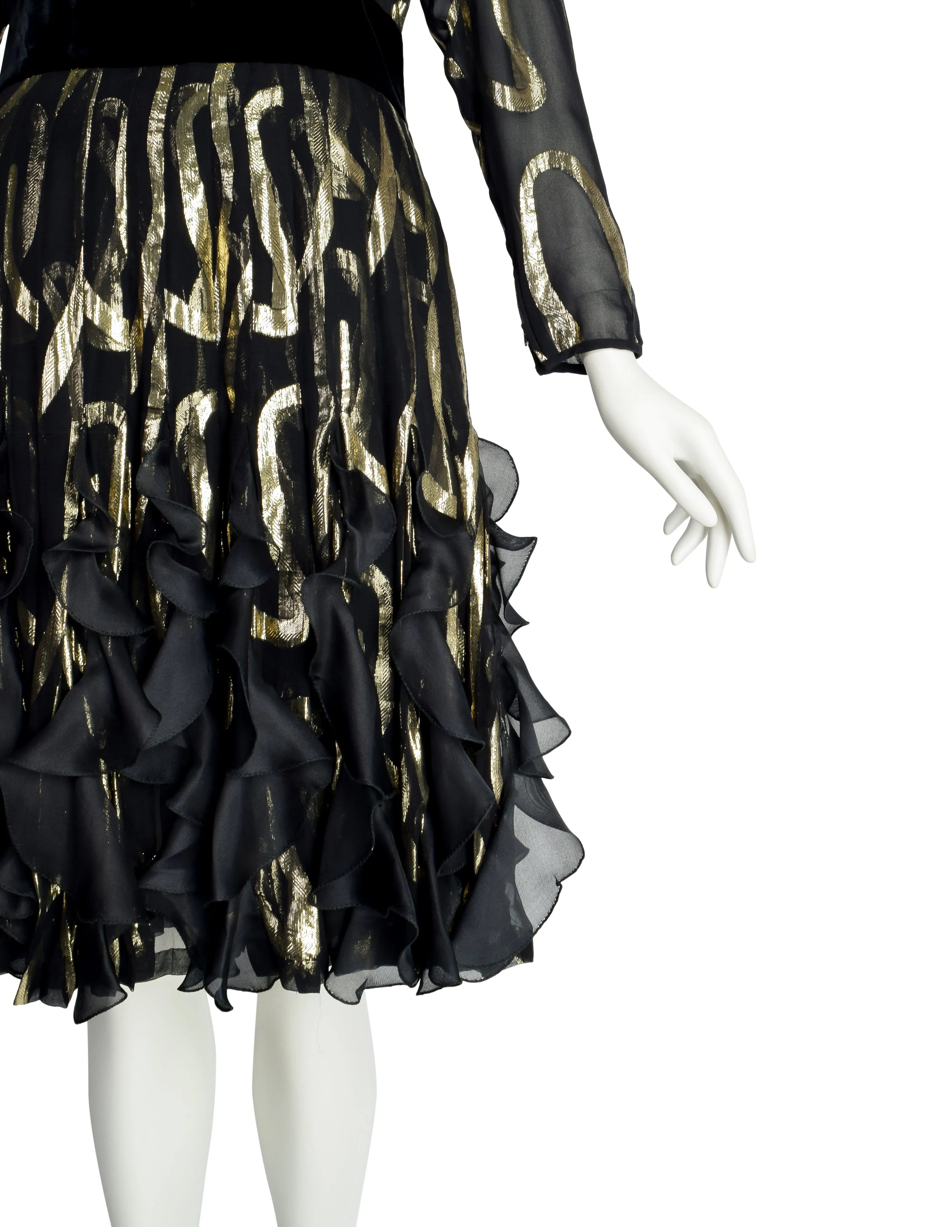 Valentino Vintage Black Silk Chiffon and Gold Lurex Flutter Ruffle Party Dress