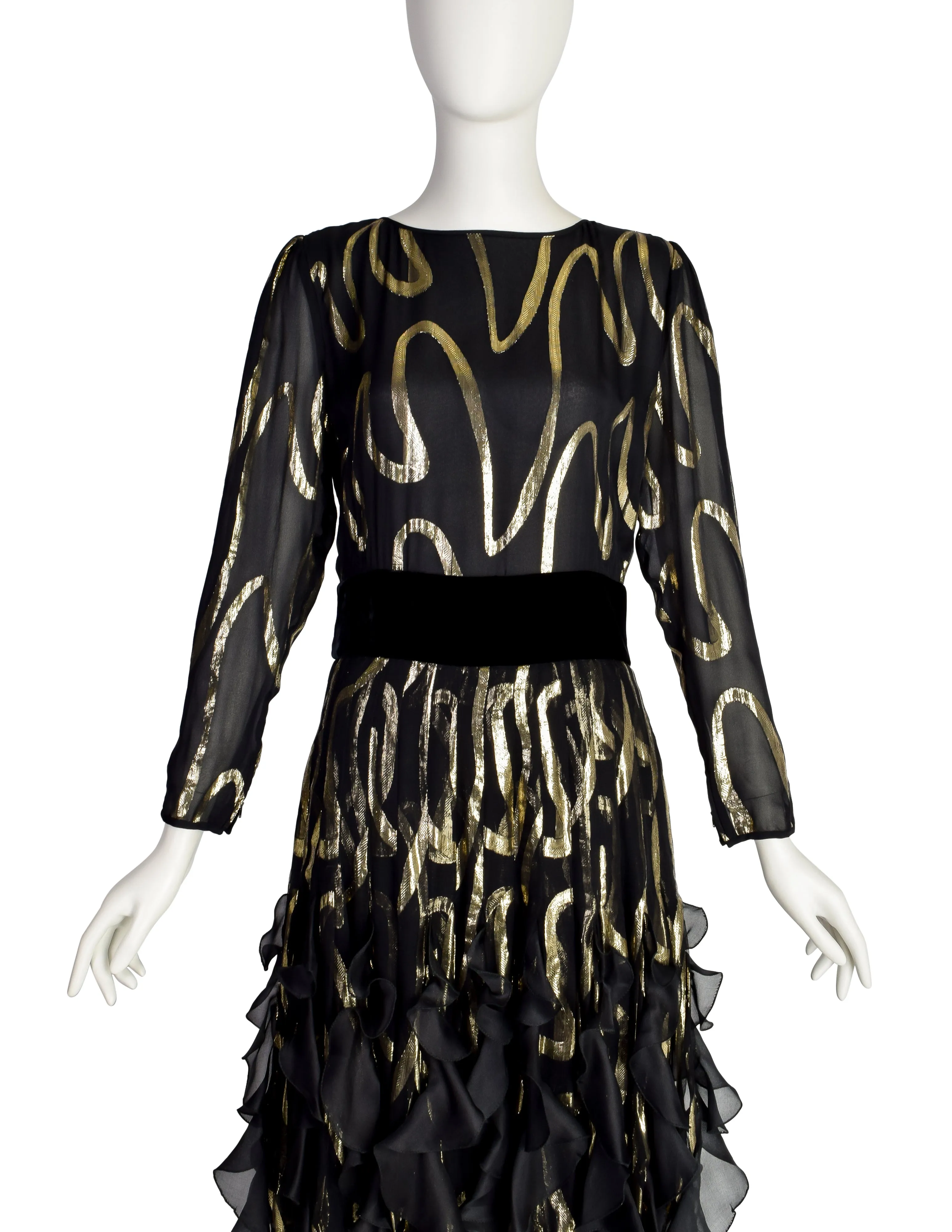 Valentino Vintage Black Silk Chiffon and Gold Lurex Flutter Ruffle Party Dress