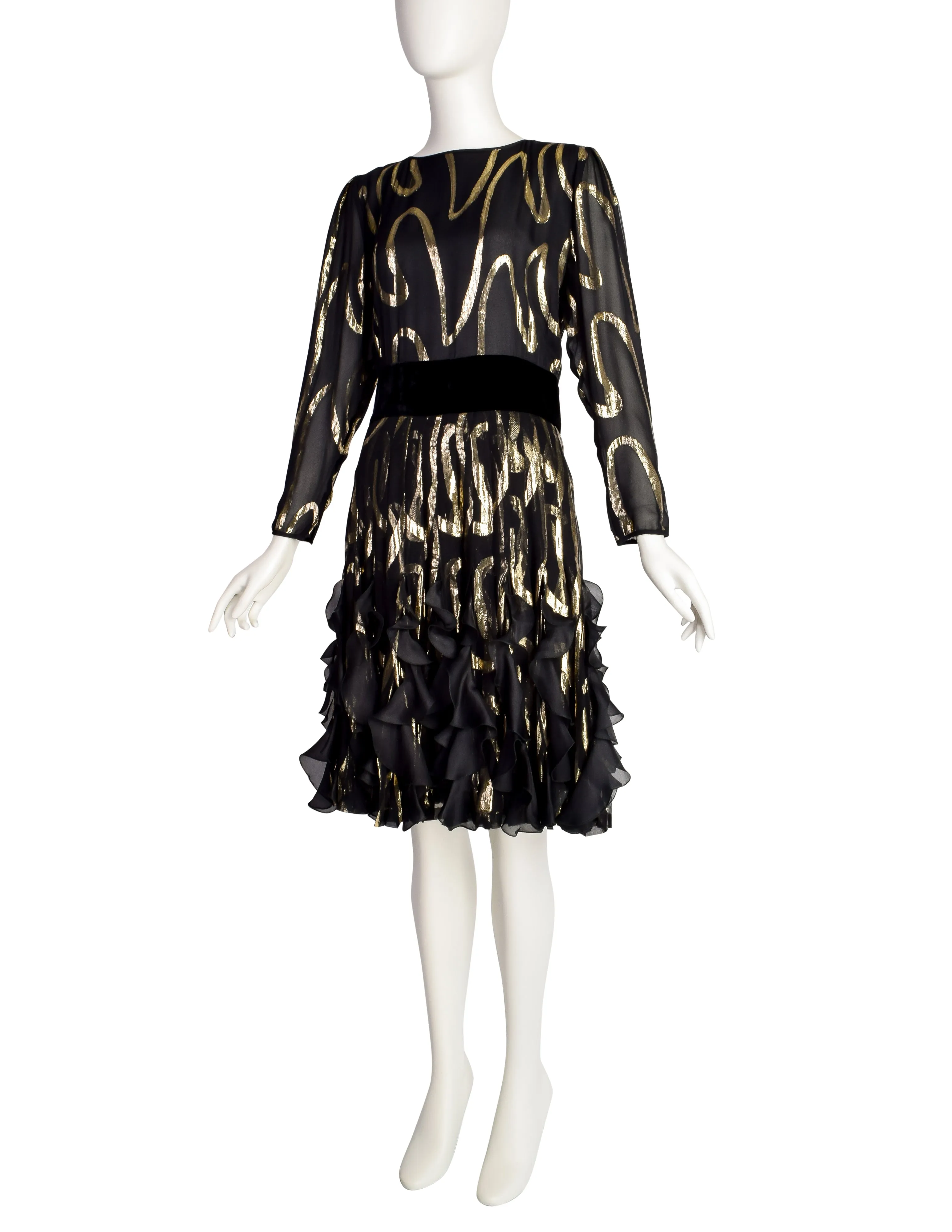 Valentino Vintage Black Silk Chiffon and Gold Lurex Flutter Ruffle Party Dress